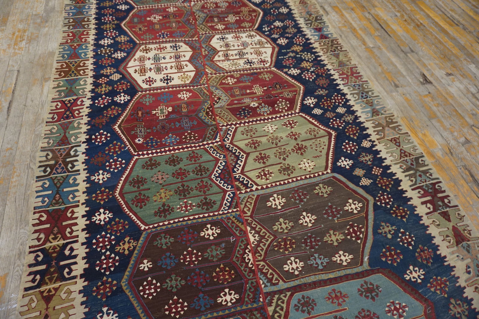 1850s Blue Geometric Tribal Antique Turkish Anatolian Flatweave 5' X 10'8" Kilim Wool Carpet Rug - 7