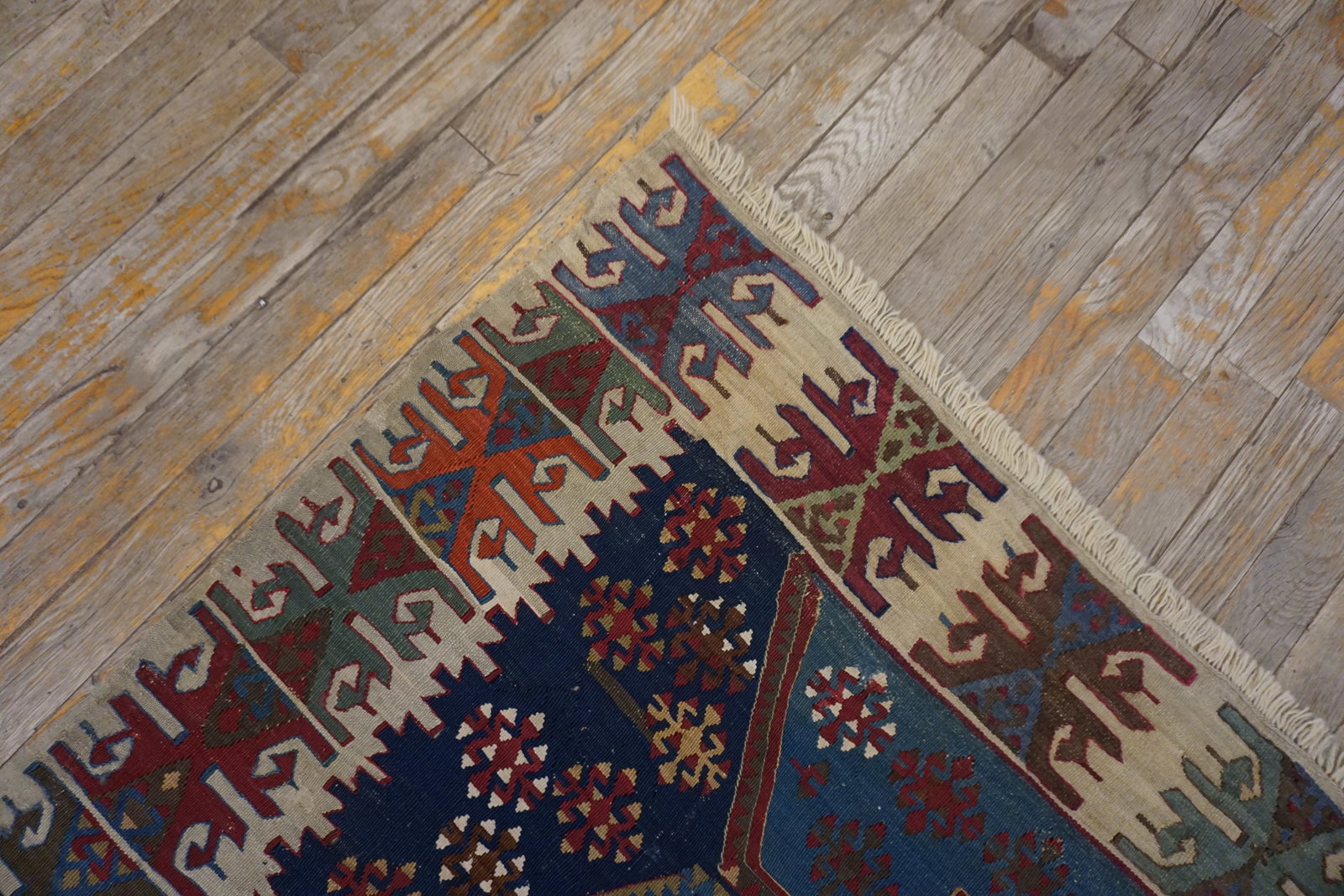 1850s Blue Geometric Tribal Antique Turkish Anatolian Flatweave 5' X 10'8" Kilim Wool Carpet Rug - 8