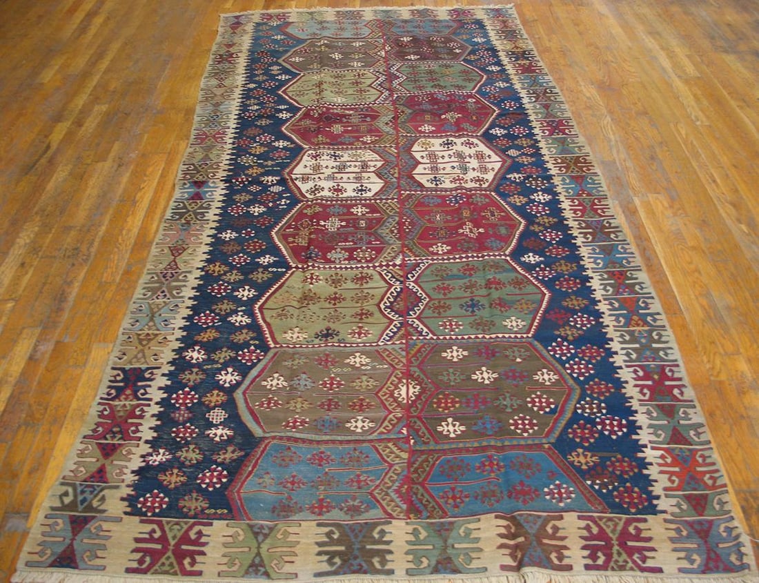 1850s Blue Geometric Tribal Antique Turkish Anatolian Flatweave 5' X 10'8" Kilim Wool Carpet Rug - 9
