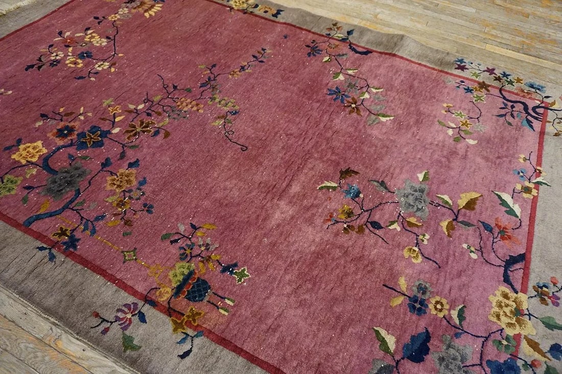 1920s Purple Floral Antique Chinese Art Deco Carpet 6' X 8'10" Handknotted Wool Rug - 10