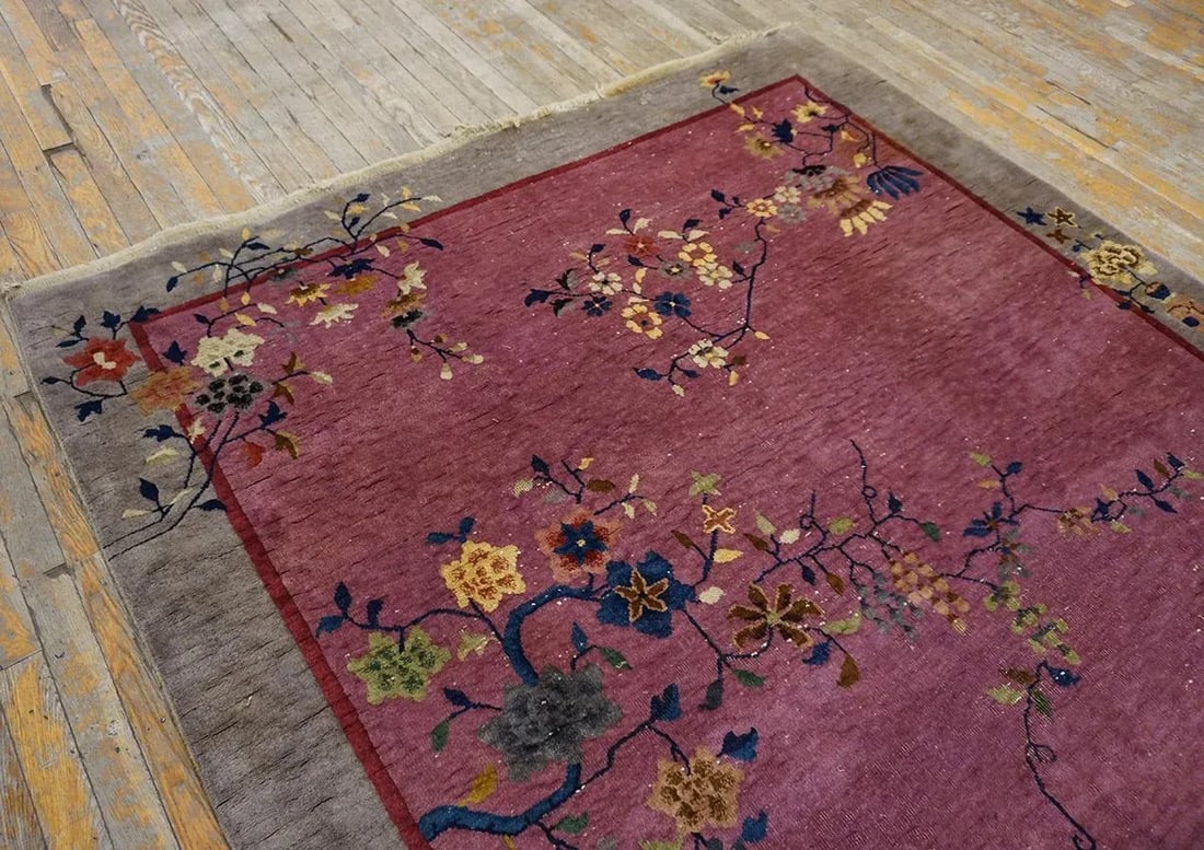 1920s Purple Floral Antique Chinese Art Deco Carpet 6' X 8'10" Handknotted Wool Rug - 11