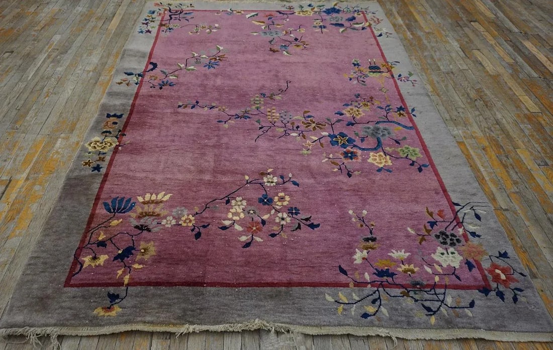1920s Purple Floral Antique Chinese Art Deco Carpet 6' X 8'10" Handknotted Wool Rug - 12