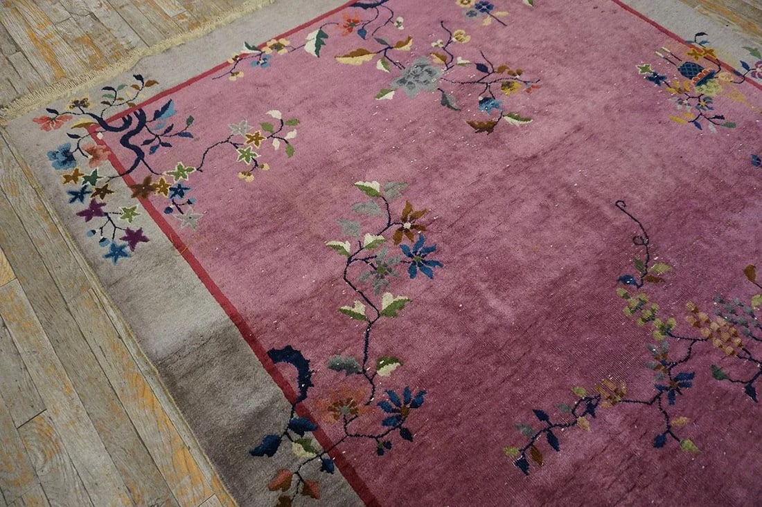 1920s Purple Floral Antique Chinese Art Deco Carpet 6' X 8'10" Handknotted Wool Rug - 13