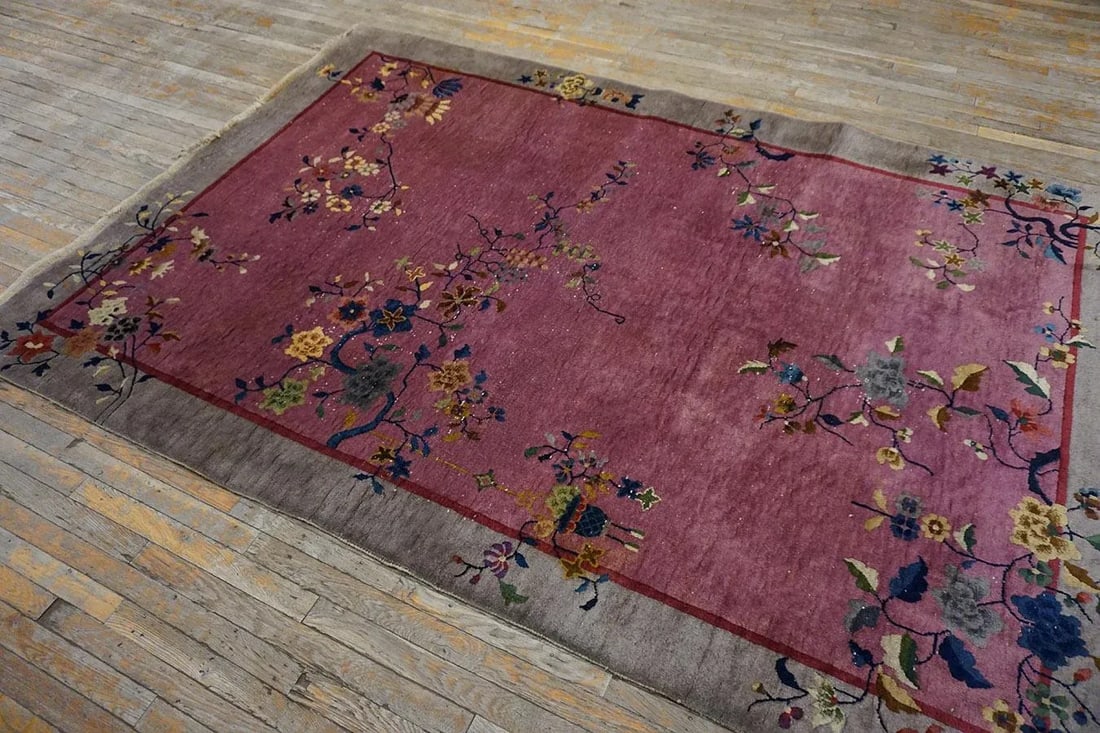 1920s Purple Floral Antique Chinese Art Deco Carpet 6' X 8'10" Handknotted Wool Rug - 14