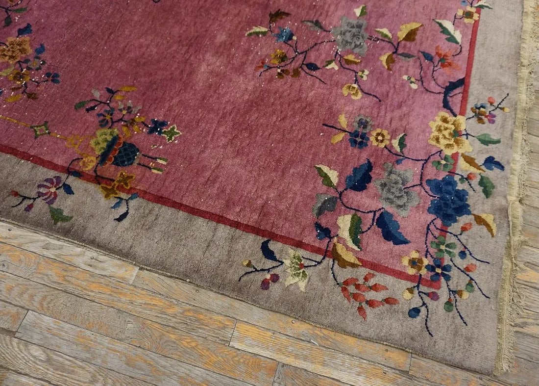 1920s Purple Floral Antique Chinese Art Deco Carpet 6' X 8'10" Handknotted Wool Rug - 15