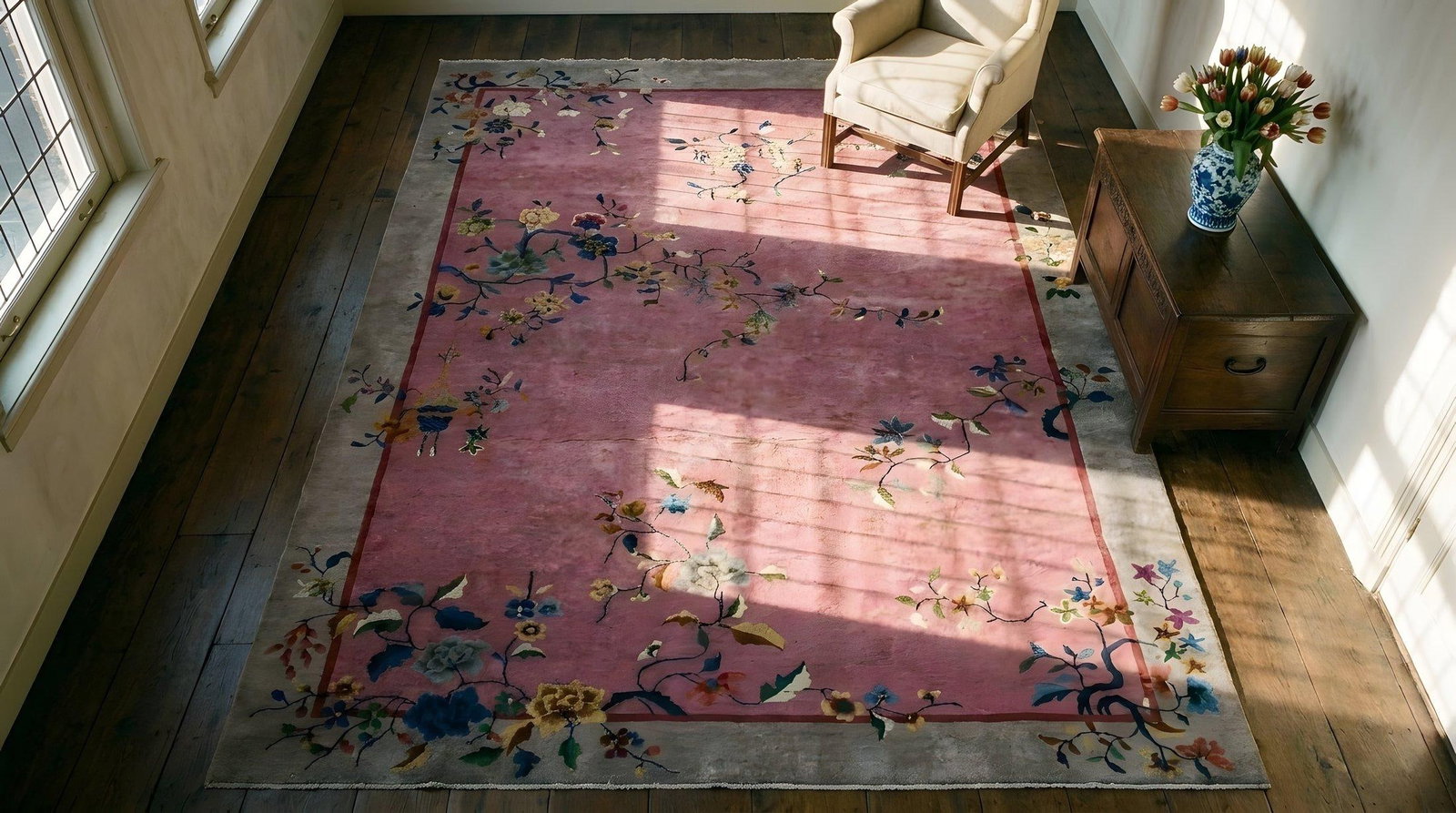 1920s Purple Floral Antique Chinese Art Deco Carpet 6' X 8'10" Handknotted Wool Rug - 16