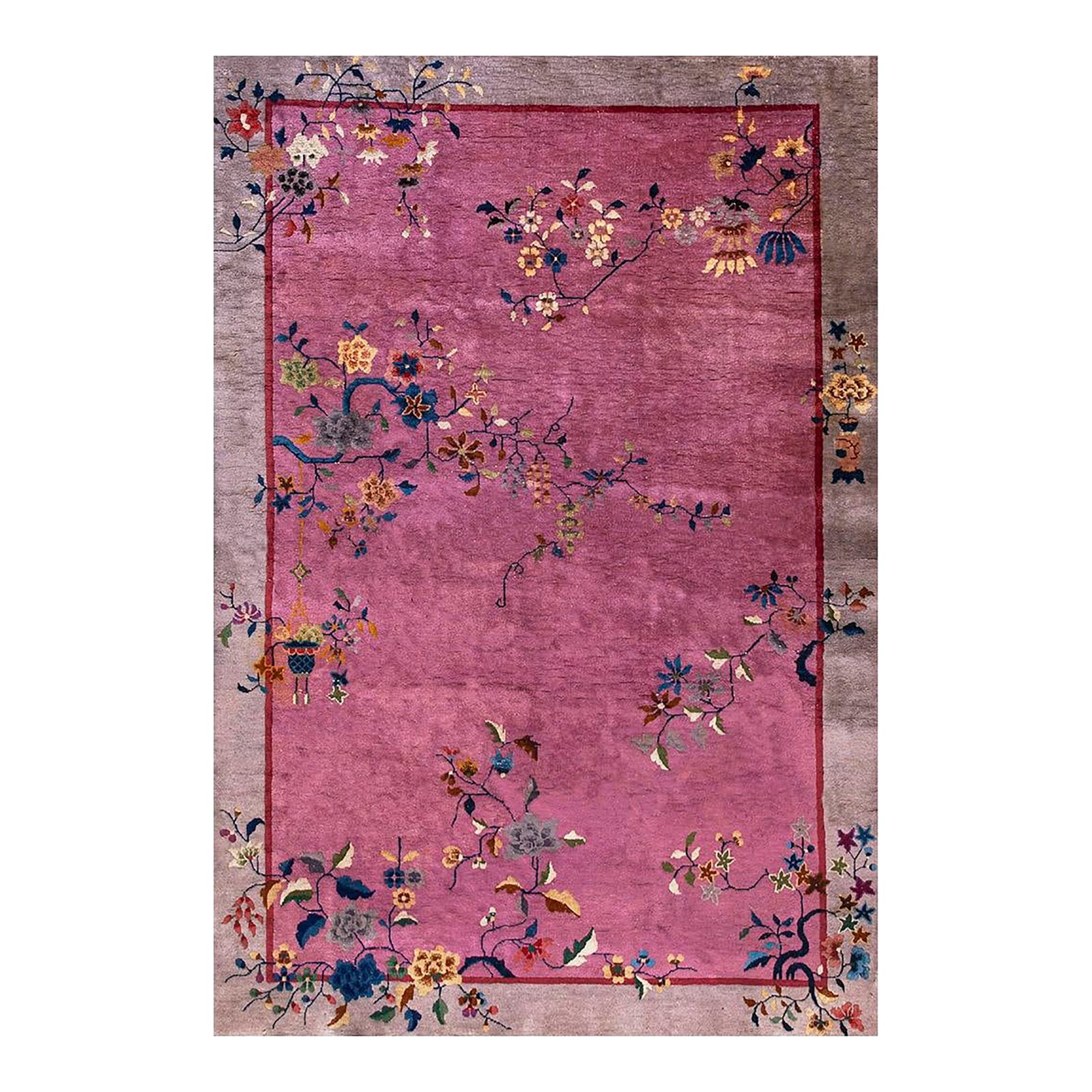 1920s Purple Floral Antique Chinese Art Deco Carpet 6' X 8'10" Handknotted Wool Rug: 1920s Chinese Art Deco Carpet ( 6' x 8'10" - 185 x 270 ) 1920s Rectangle Purple / Lavender Mauve Hand Knotted Pile Floral Antique Wool Rug, Circa Date: 1920s. This exceptional Chinese Art Deco piece c