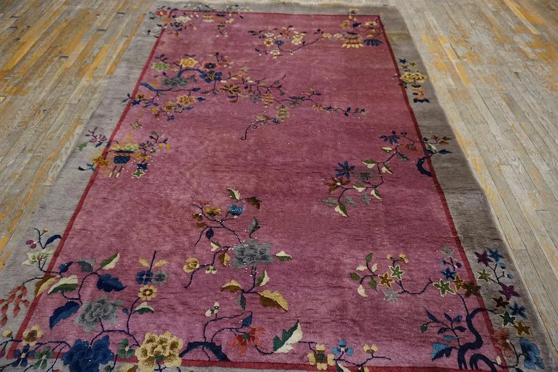 1920s Purple Floral Antique Chinese Art Deco Carpet 6' X 8'10" Handknotted Wool Rug - 2