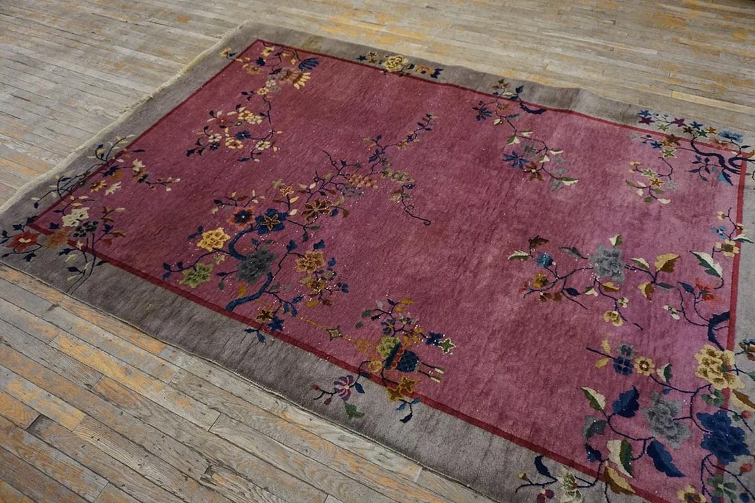 1920s Purple Floral Antique Chinese Art Deco Carpet 6' X 8'10" Handknotted Wool Rug - 3