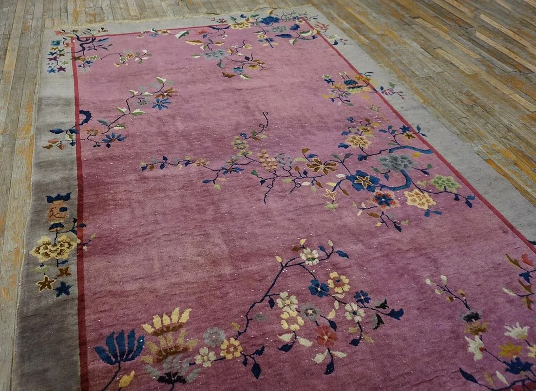 1920s Purple Floral Antique Chinese Art Deco Carpet 6' X 8'10" Handknotted Wool Rug - 4