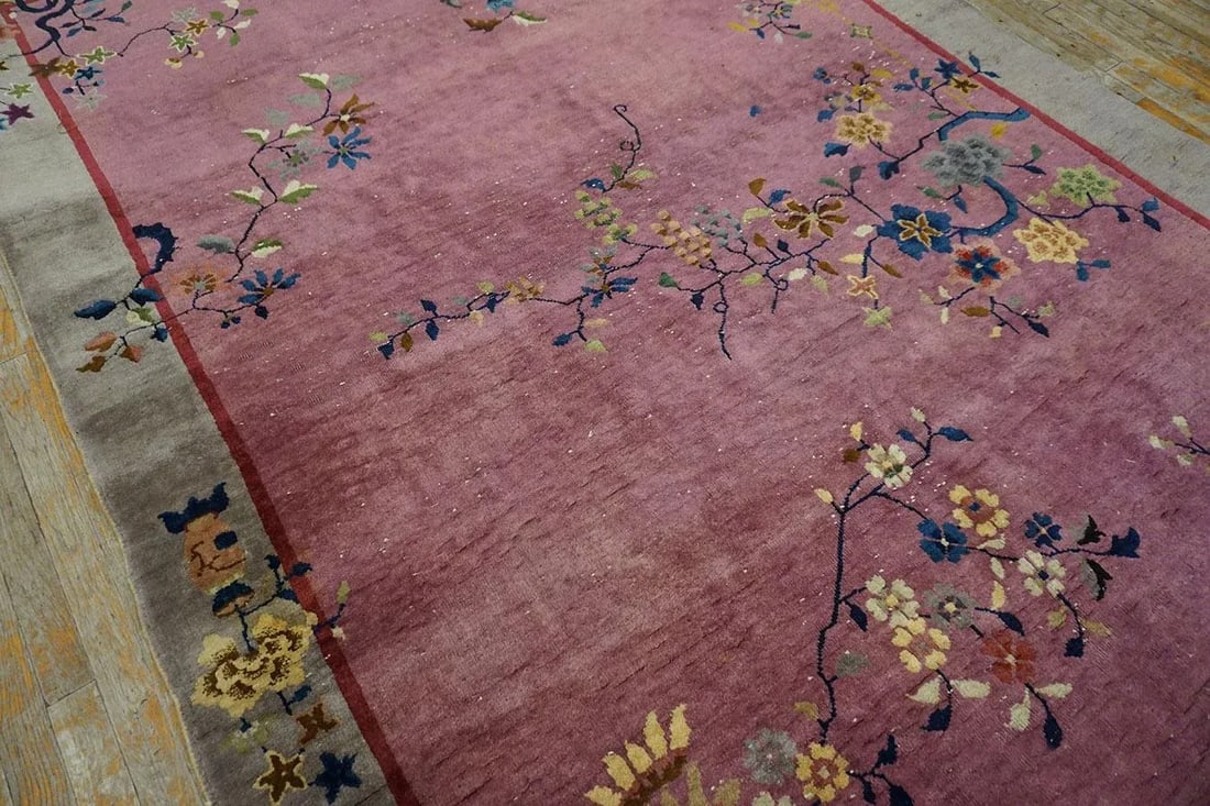 1920s Purple Floral Antique Chinese Art Deco Carpet 6' X 8'10" Handknotted Wool Rug - 5