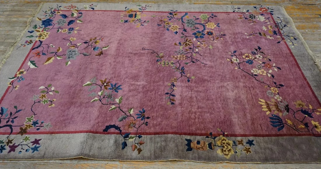 1920s Purple Floral Antique Chinese Art Deco Carpet 6' X 8'10" Handknotted Wool Rug - 6
