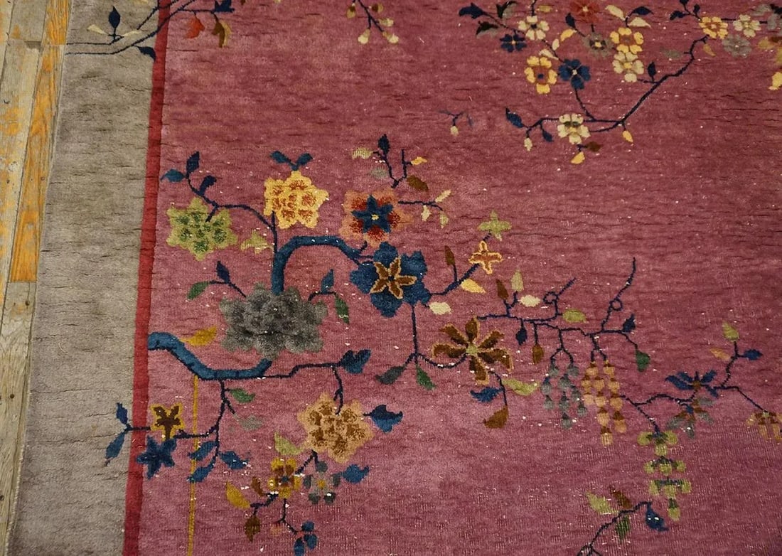 1920s Purple Floral Antique Chinese Art Deco Carpet 6' X 8'10" Handknotted Wool Rug - 7