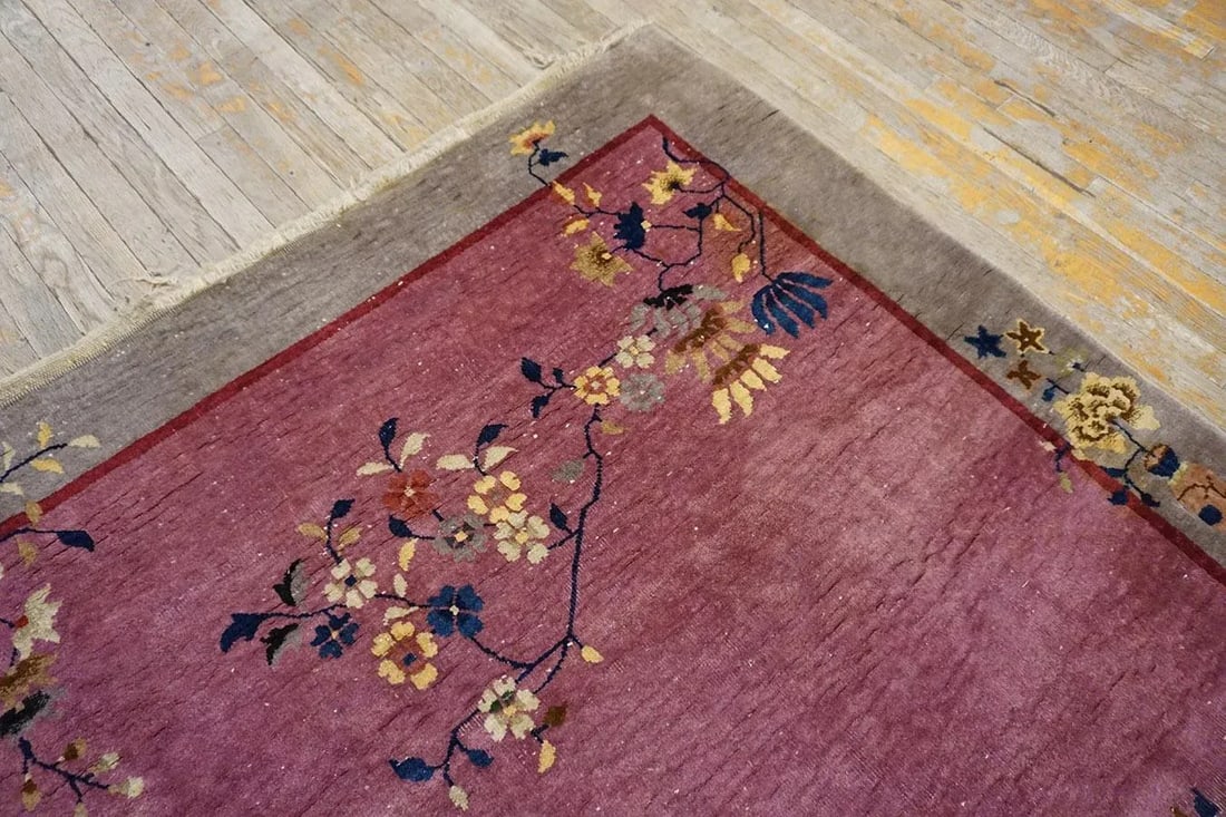 1920s Purple Floral Antique Chinese Art Deco Carpet 6' X 8'10" Handknotted Wool Rug - 8