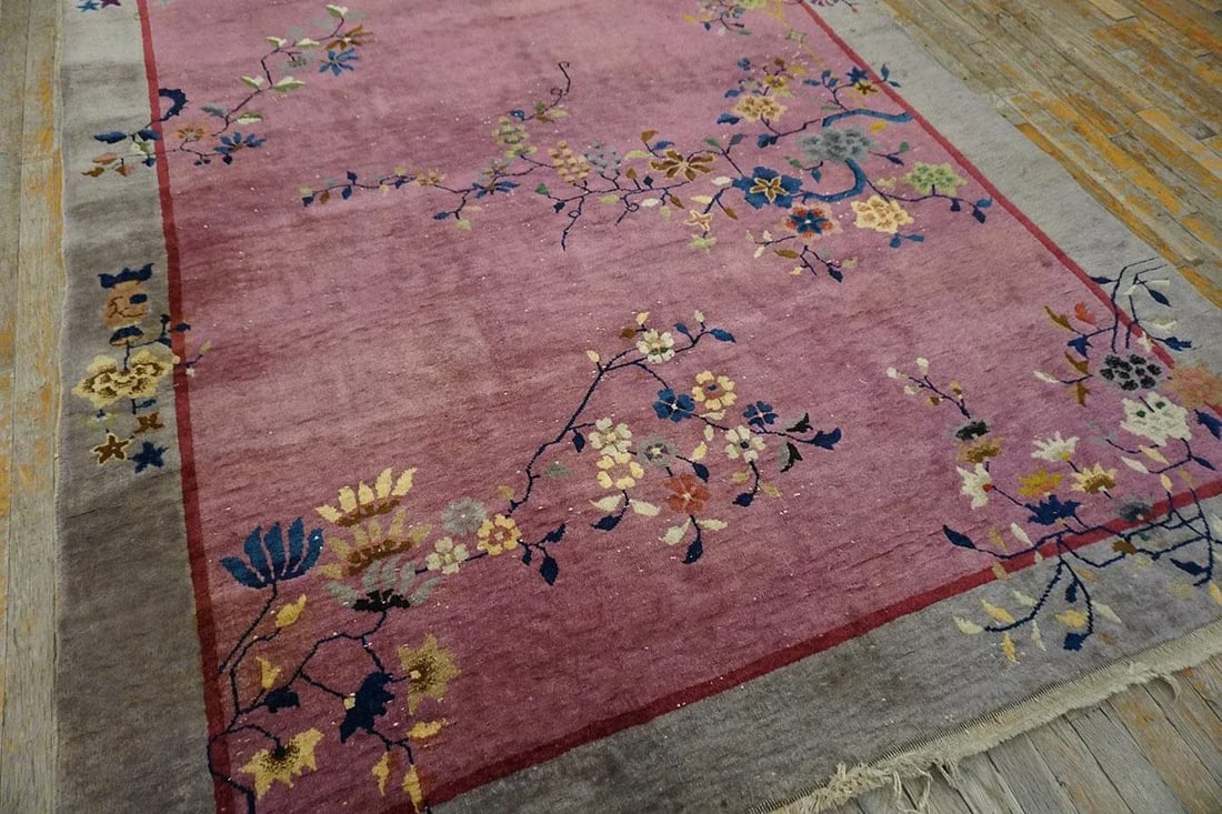 1920s Purple Floral Antique Chinese Art Deco Carpet 6' X 8'10" Handknotted Wool Rug - 9