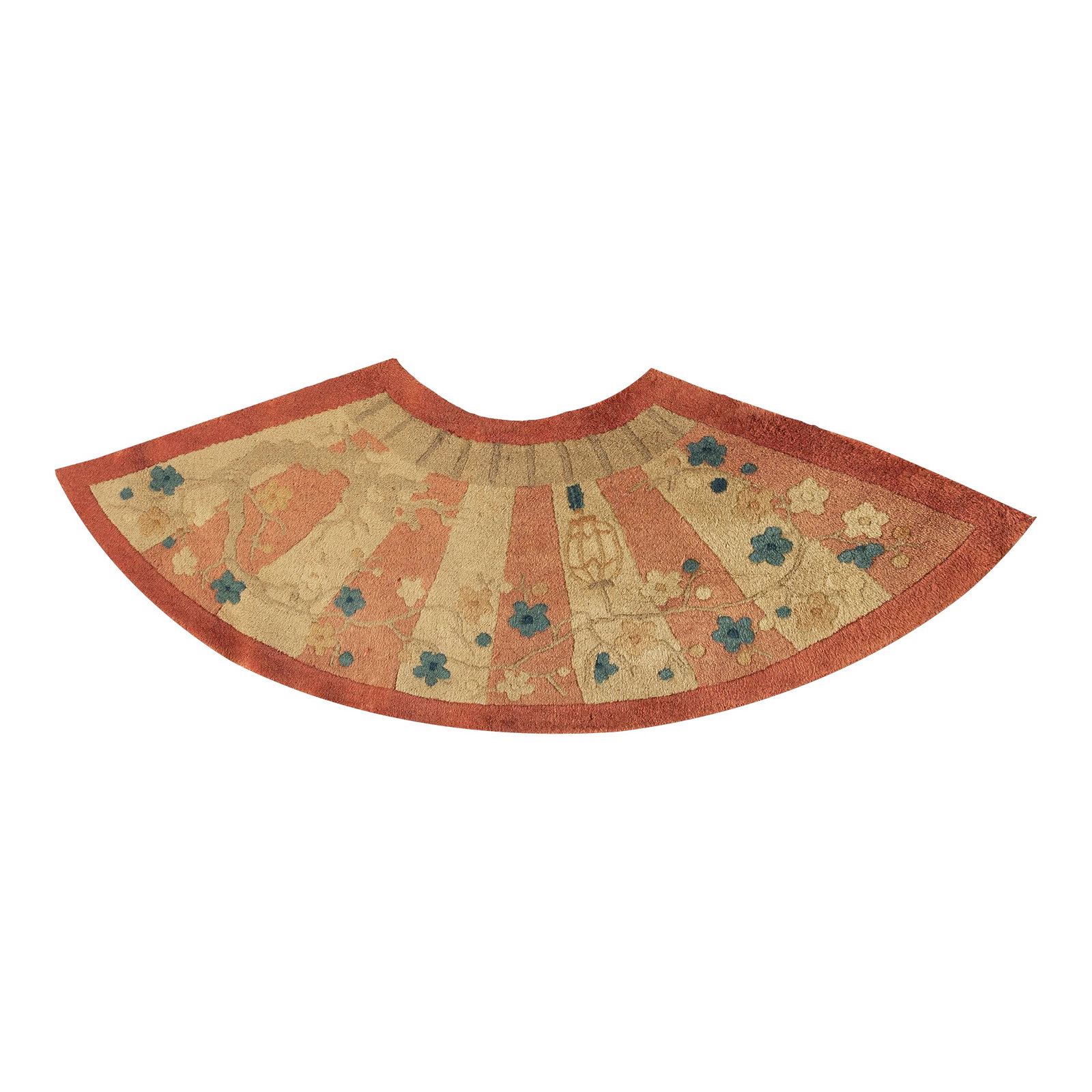 Particular Combination of Soft Colors in a Oval Chinese Art Deco Rug With Foliate Pattern: 1920s Chinese Art Deco Carpet ( 1'6" x 3'10" - 46 x 116 cm ) Chinese - Art Deco As the name implies, pieces woven between the wars for the Western market by mostly American owned firms especially