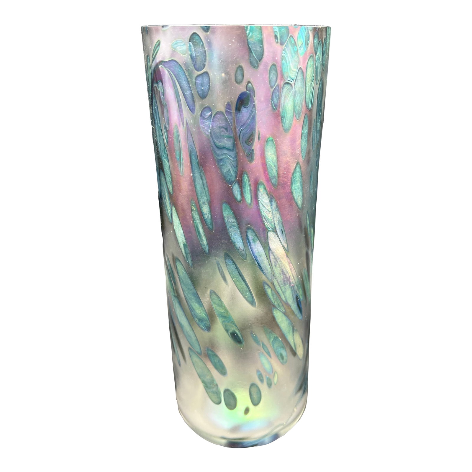 Stunning Vintage Brian Maytum Studio Signed 1985 Art Glass Vase: This stunning vintage Brian Maytum Studio signed 1985 art glass vase is a unique and decorative piece from the late 20th century. Handmade in the United States, this multicolored vase features an irid