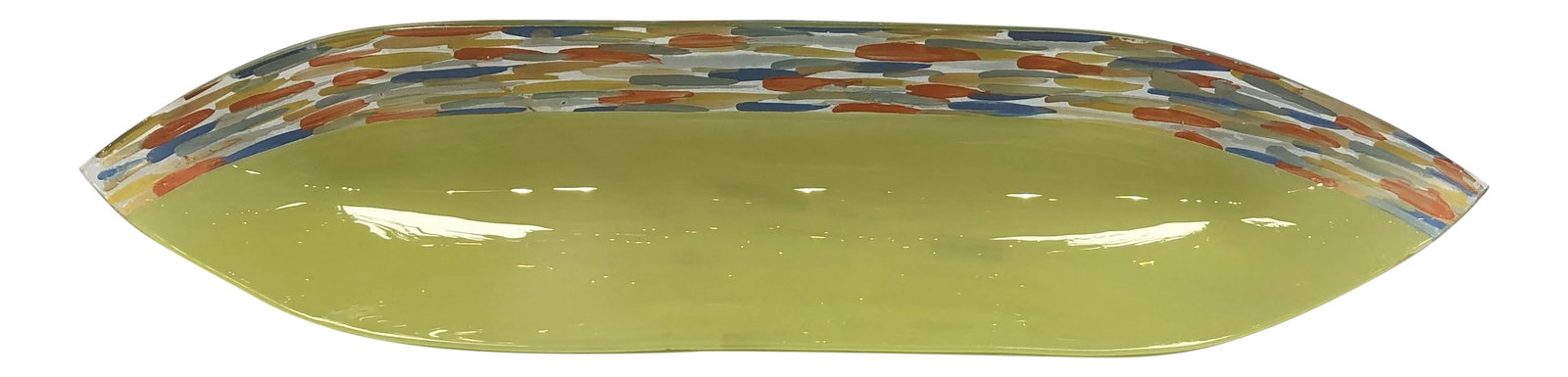 1990s Contemporary Lime and Multi-Colored Boat-Shaped Art Glass Dish: Contemporary lime and multi-colored boat-shaped art glass dish. Created in Canada. Condition: Imperfections: No Imperfections Condition Notes: Excellent condition, never used Origin: Canada Materials