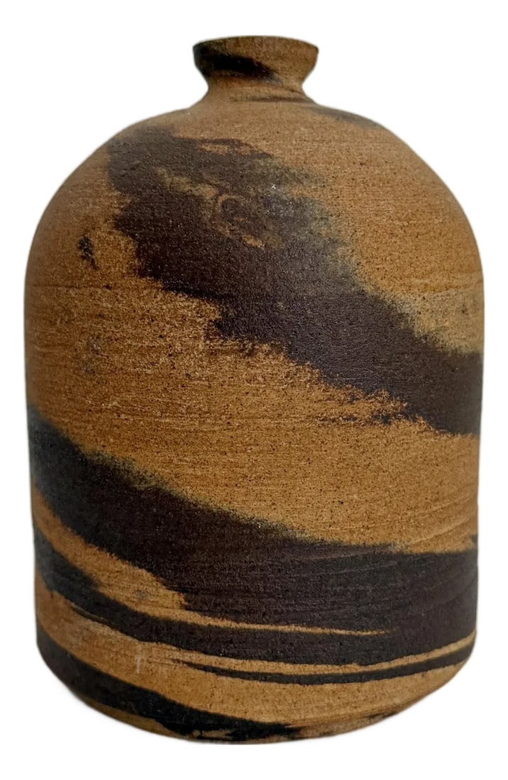 Mid-Century Brown Clay Swirl Vase, Artist Signed: Organic studio pottery clay vase with brown/terracotta matte glaze. Artist signed. Condition: Alterations: Original Condition Unaltered Imperfections: Some Imperfections Condition Notes: In excellent 