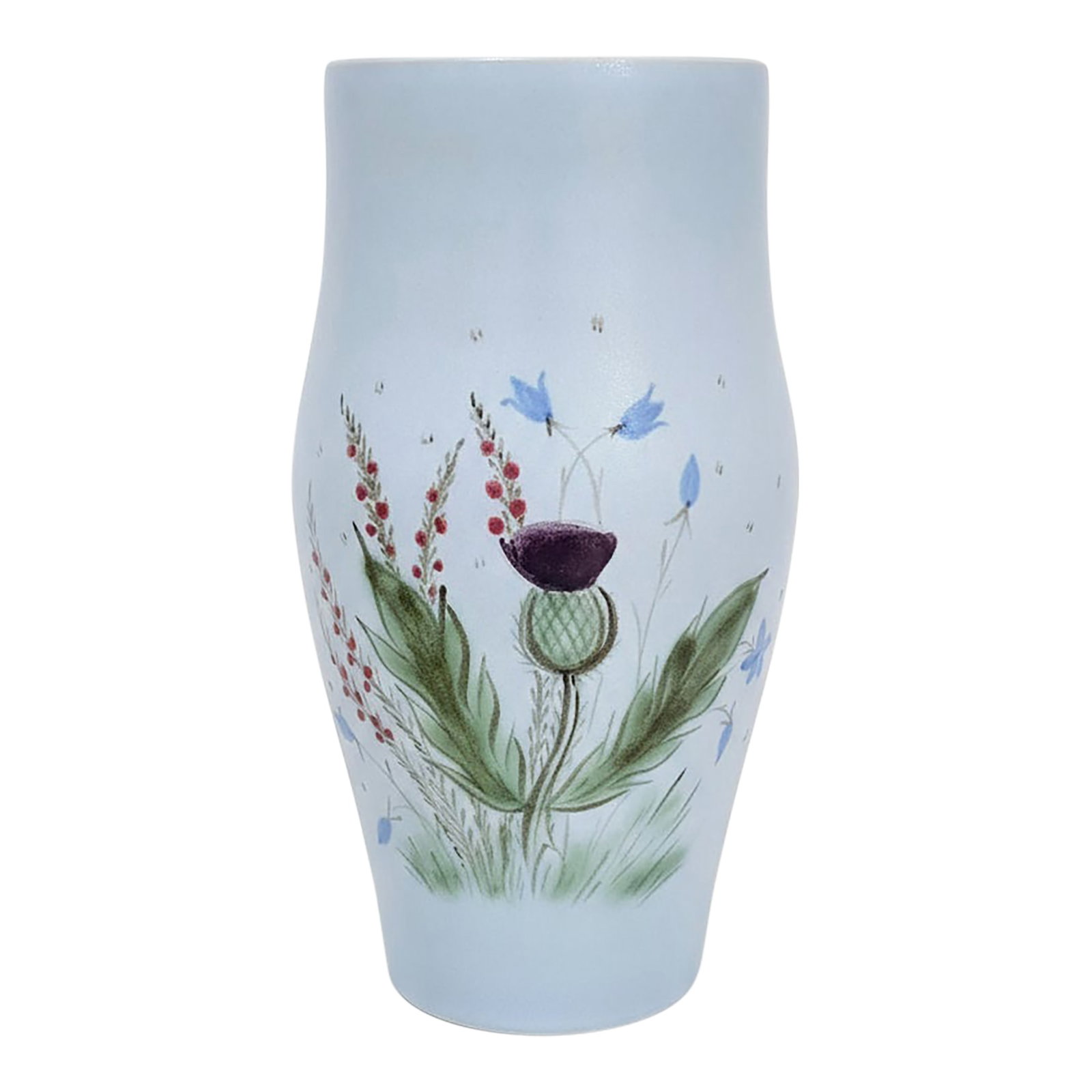 Vintage a.w. Buchan & Co. Ltd. Scottish Pottery Vase - Thistle Pattern - Hand Painted Stoneware: This is a charming, hand-painted stoneware vase crafted by the renowned Scottish pottery maker, A.W. Buchan & Co. Ltd. The classic thistle pattern features stylized thistles, heather, and bluebells on