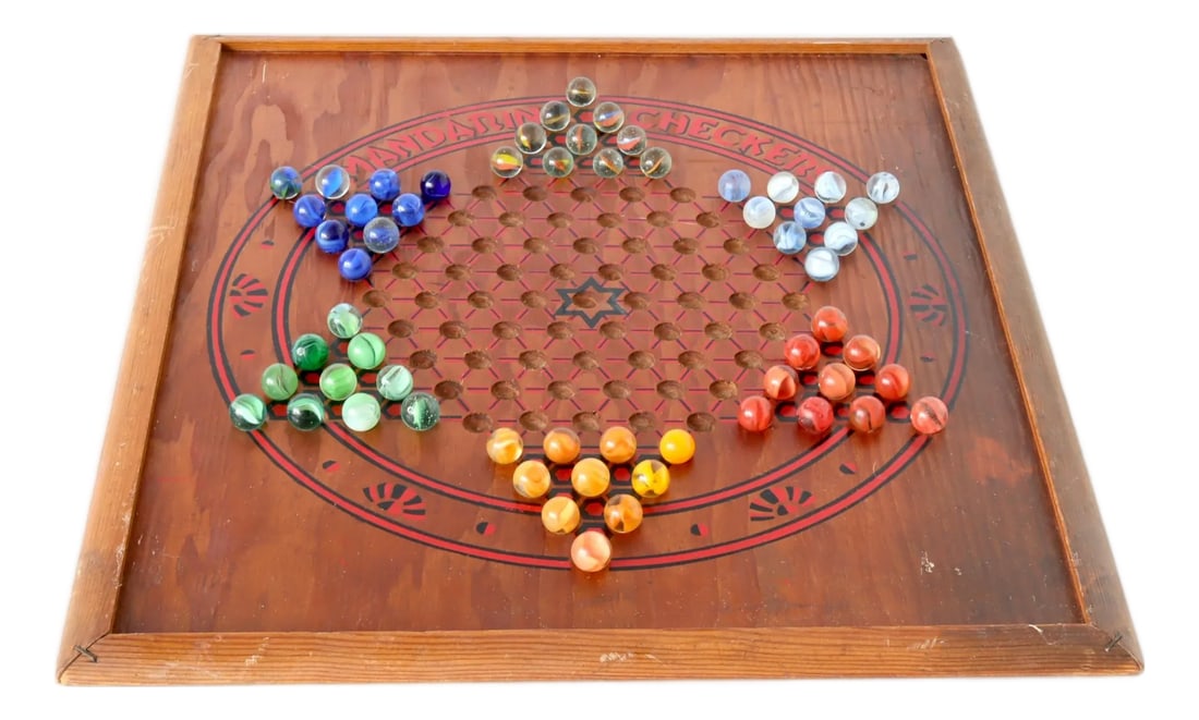 Vintage American Game Board w/Marbles: Vintage Mandarin Checkers game board, early-mid 20th century, with bright red and black painted star design and original marbles included. Framed wood construction with light wear from decades of play
