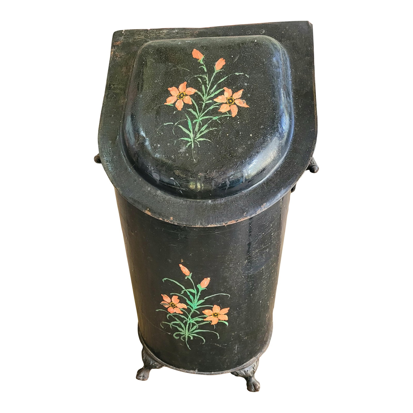 Antique Hand Painted Tole Ware Coal Scuttle Fireplace Box: Hand Painted floral design. This has several possibilities of use. Condition: Alterations: Original Condition Unaltered Imperfections: Some Imperfections Condition Notes: Good used antique condition! 