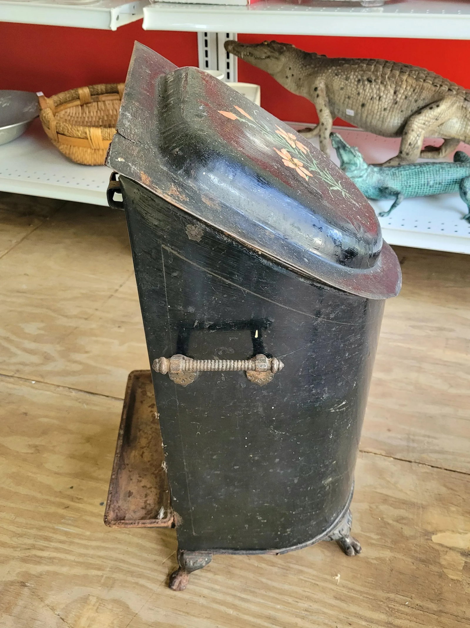 Antique Hand Painted Tole Ware Coal Scuttle Fireplace Box - 3