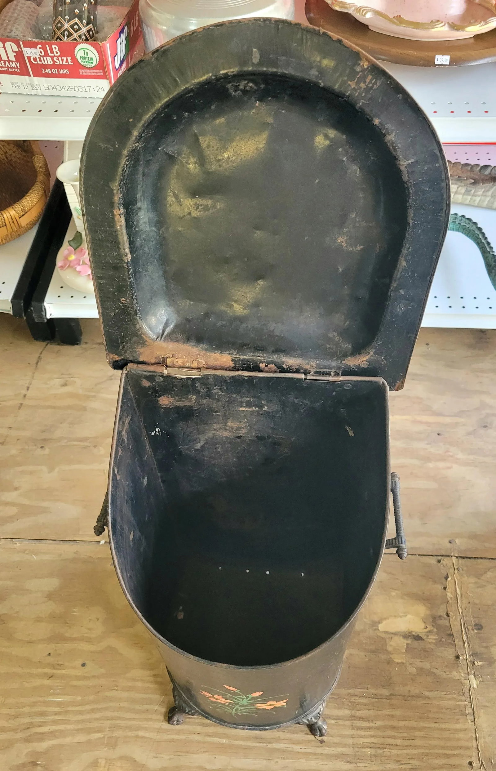 Antique Hand Painted Tole Ware Coal Scuttle Fireplace Box - 4