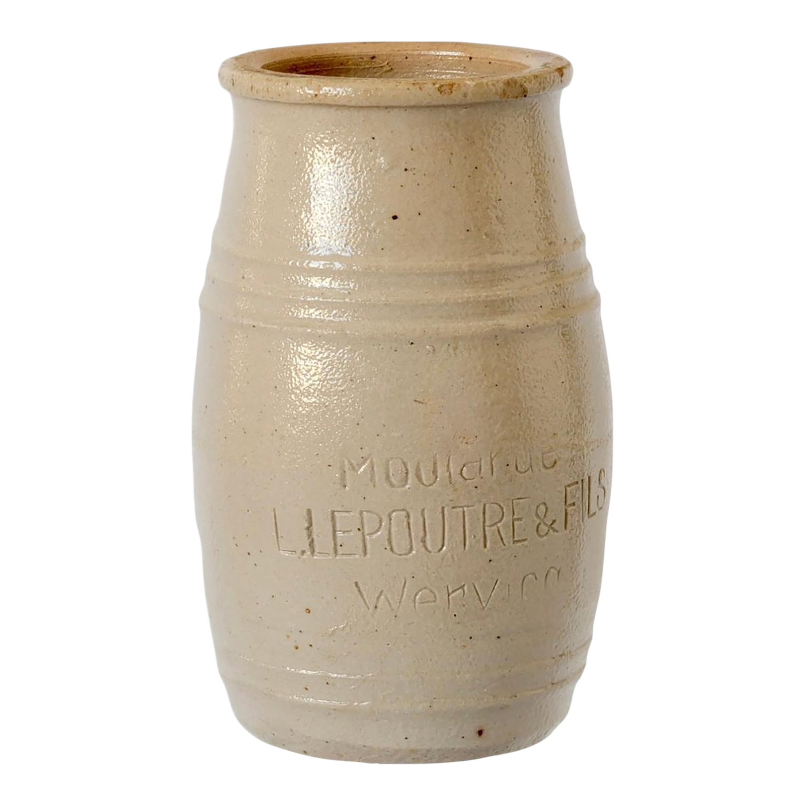 Antique French Neutral Stoneware Mustard Pot: A clean and classic example of late 19th to early 20th century French stoneware, this antique mustard pot was produced by L. Lepoutre & Fils in Wervicq. Subtly embossed with the original maker's mark 