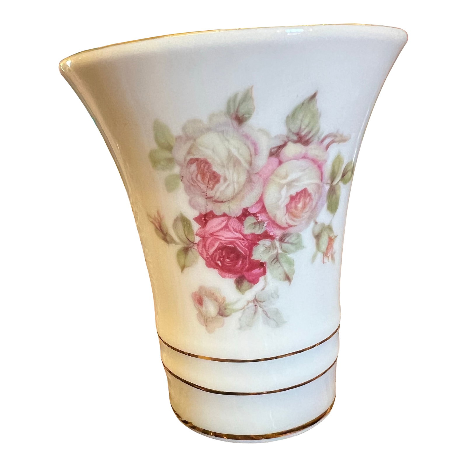 1950 Small Porcelain Bud Vase: 1950s Bud vase from the pattern Antique Rose by Schumann made in Bavaria Germany. Measuring about 3 1/4" tall . The rim is 2 3/4" and base is 1 3/4". This could also be repurposed being used as a