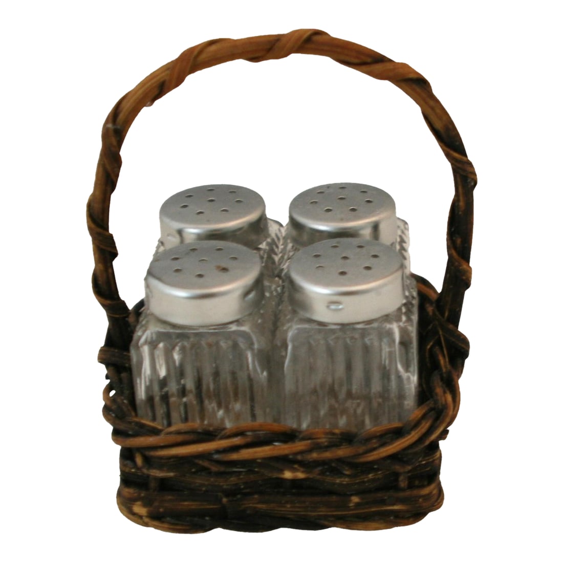 Vintage WMF Germany Square Ribbed Glass Salt & Pepper Shakers in Wicker Basket 5 Piece Set: Vintage WMF Square Glass Salt and Pepper Shakers With Wicker Basket This vintage set of salt and pepper shakers was made in Germany during the early to mid-20th century. The set features 4 square, sma
