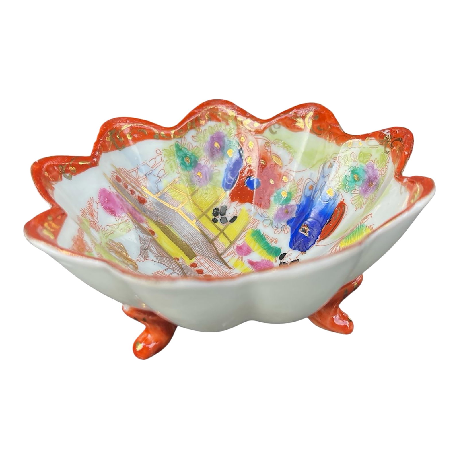 1960s Japanese Geisha Imari Lotus Footed Bowl Trinket Dish: Vintage Hand Painted Japanese Geisha three-footed bowl or trinket dish. White ceramic scalloped in the shape of a flower with nine petals. Interior of bowl with geisha ware scene featuring two women