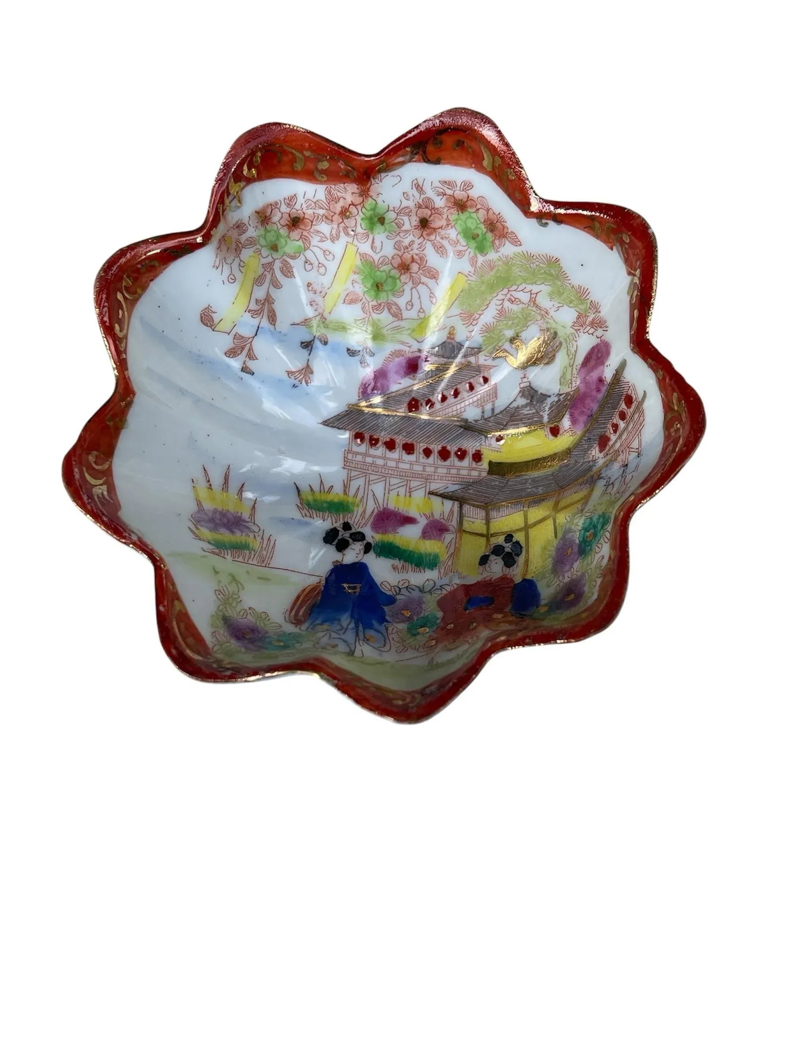1960s Japanese Geisha Imari Lotus Footed Bowl Trinket Dish - 3