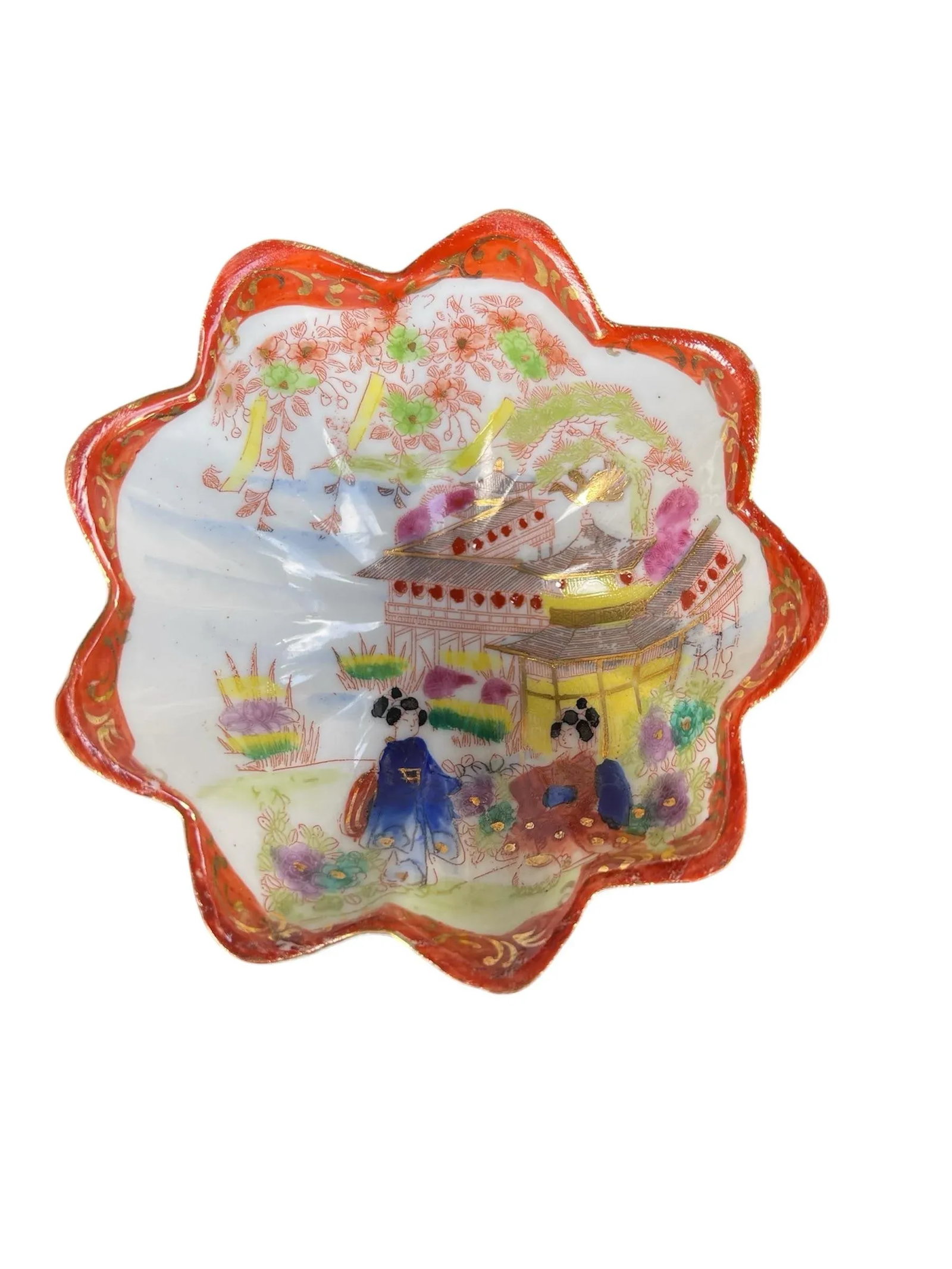1960s Japanese Geisha Imari Lotus Footed Bowl Trinket Dish - 7