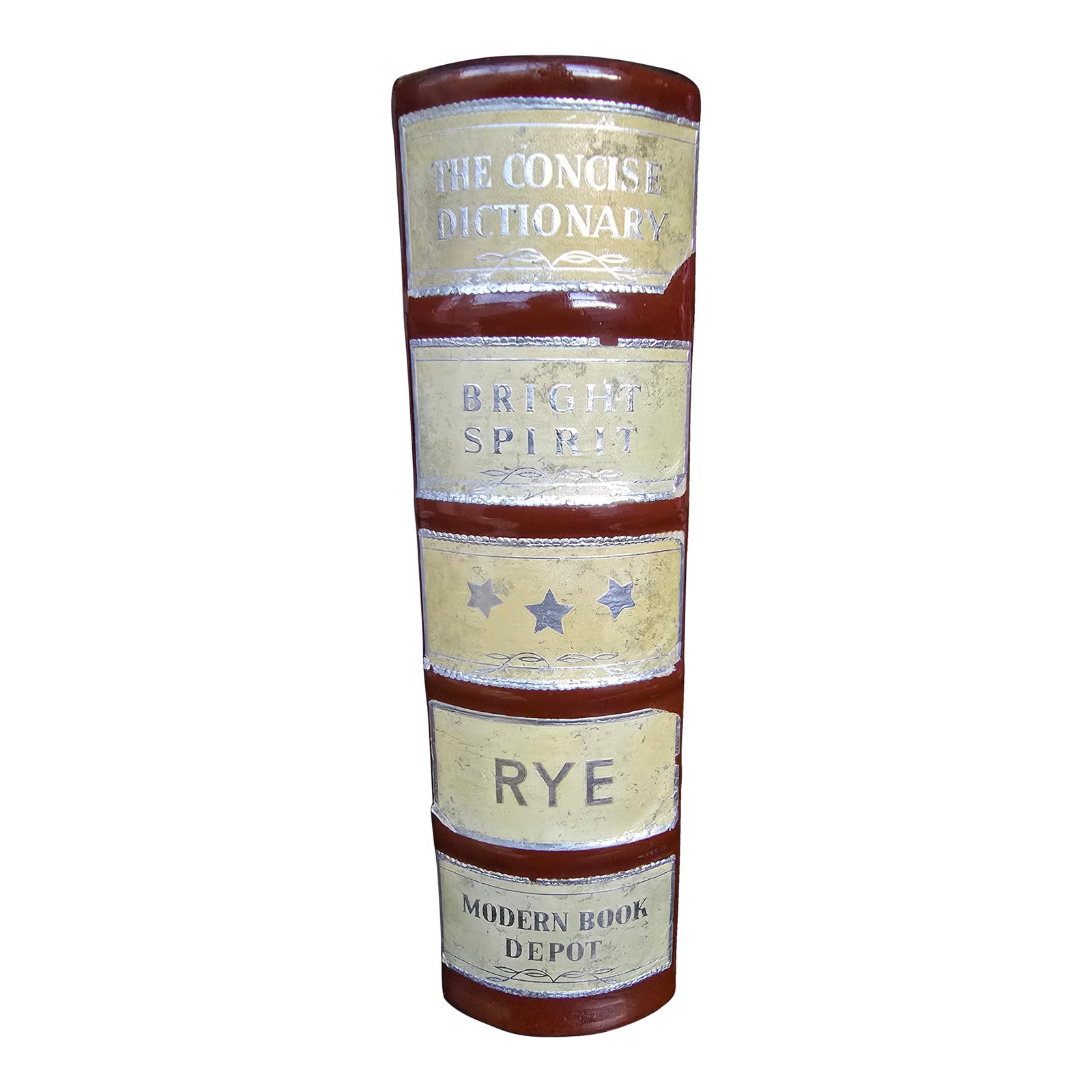 Vintage Ceramic Concise Dictionary Book Decanter: Labels on the spine mention "Concise dictionary", "Bright Spirit," and"Rye." Created by Paul Lux in 1971. Condition: Alterations: Original Condition Unaltered Imperfections: Some Imperfections