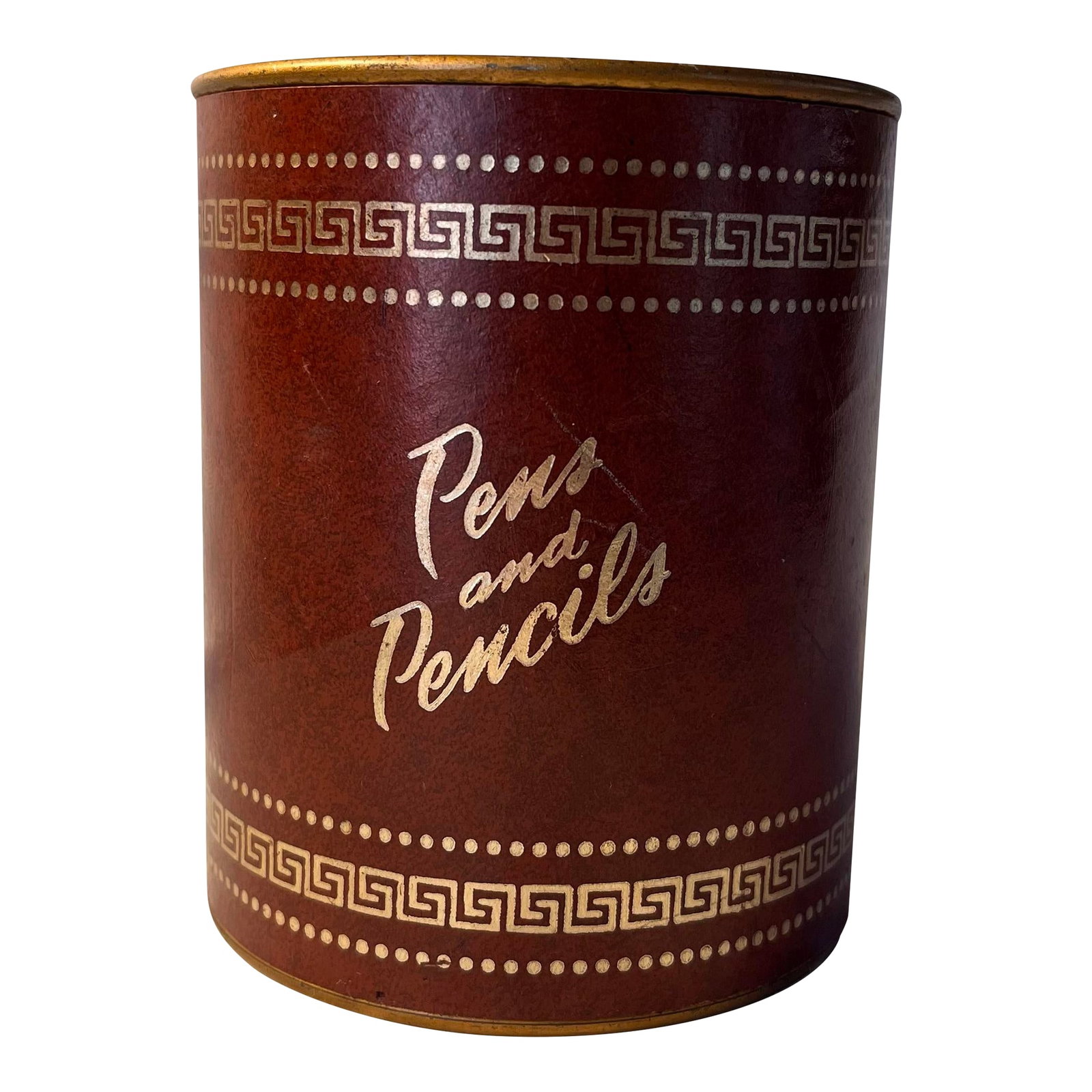 Mid-Century "Pens & Pencils" Holder: Charming mid-century faux leather wrapped "Pens and Pencils" container with gold embossed Greek key pattern and text. Condition: Alterations: Original Condition Unaltered Imperfections: Some