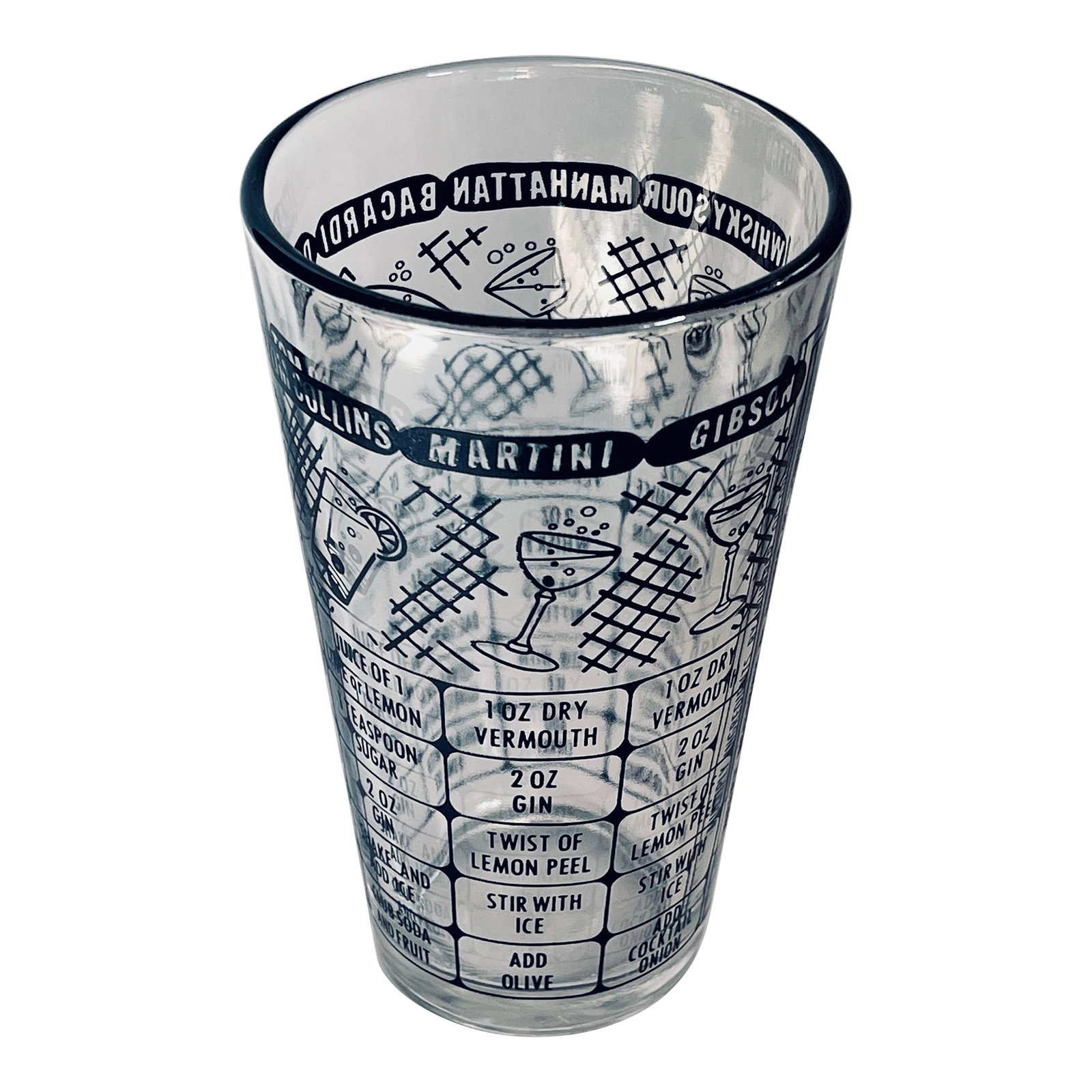 Mid 20th Century Federal Glass Cocktail Measuring Glass: A classic mid twentieth century cocktail recipe glass with illustrations of the types of glasses used for each drink and fluid ounce measuring chart. Recipes include: -Martini -Whiskey Sour -Gibson