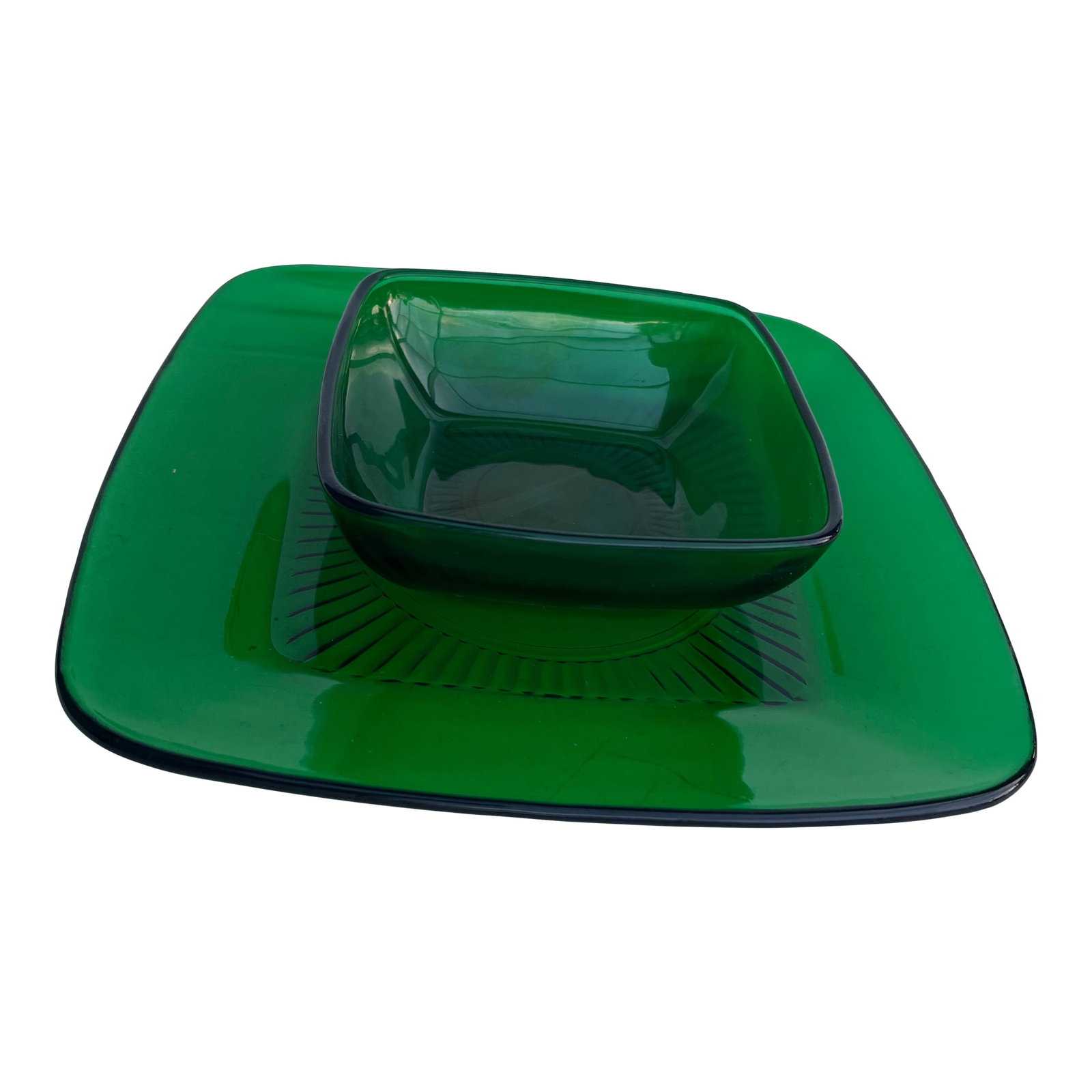 Mid Century Vintage Forest Green Square Bowl & Plate Set of 2: Vintage 1940s Forest green square plate and bowl. Pressed depression glass by Fire King Anchor Hocking. This could be used as a dip and chip server. Or use separately. Other matching items listed sepa