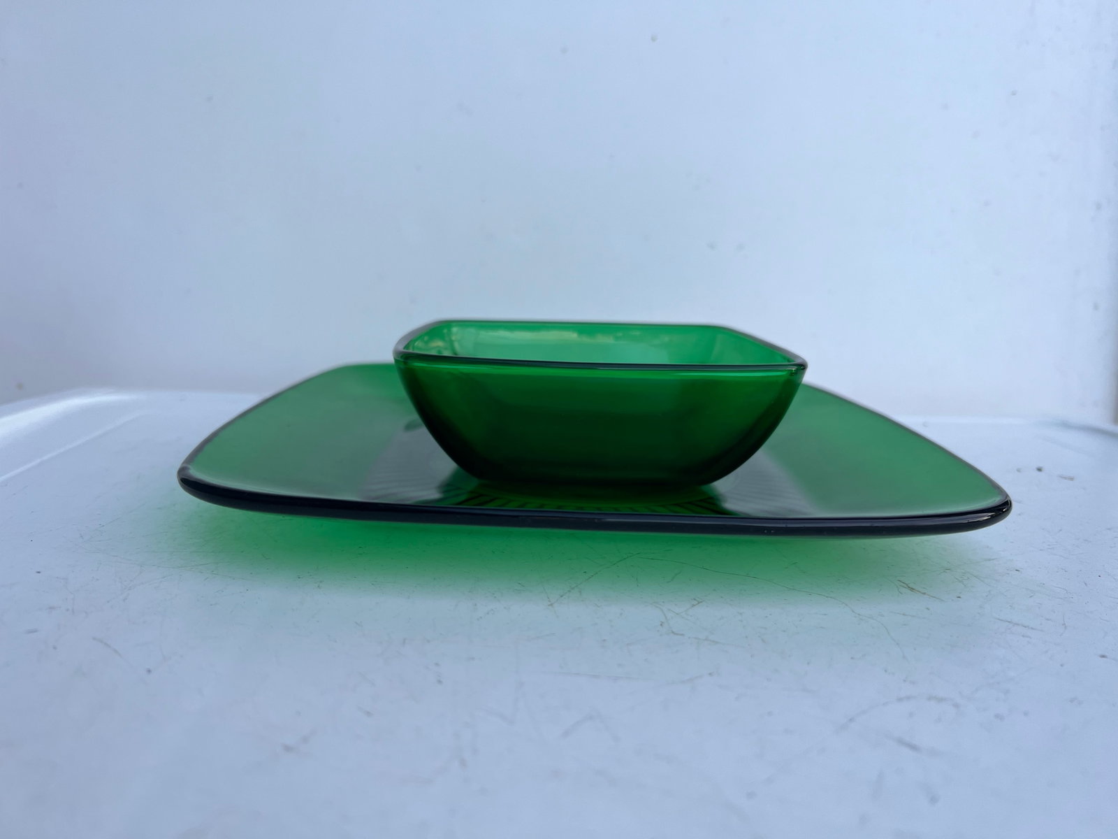 Mid Century Vintage Forest Green Square Bowl & Plate Set of 2 - 2