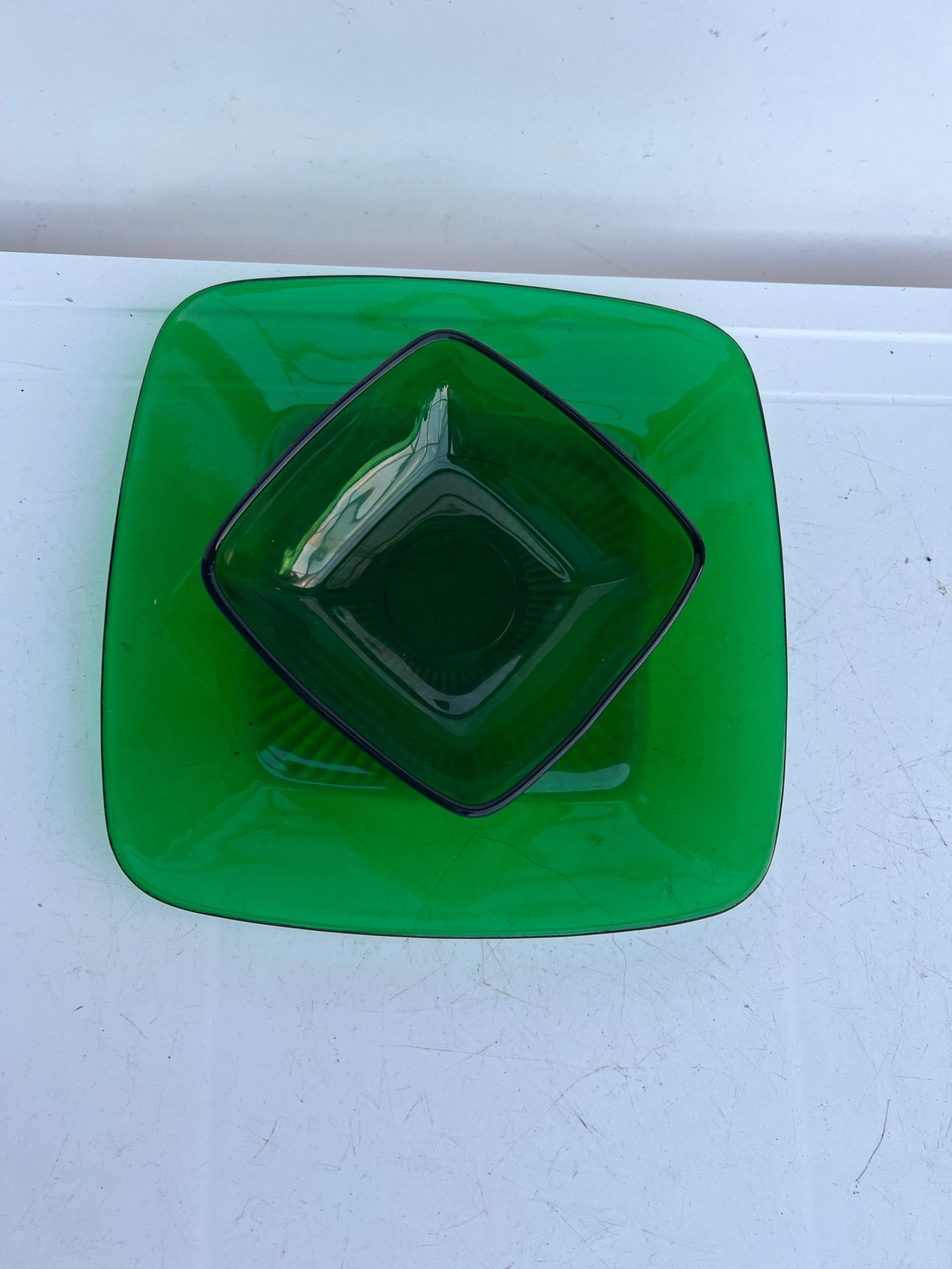 Mid Century Vintage Forest Green Square Bowl & Plate Set of 2 - 5