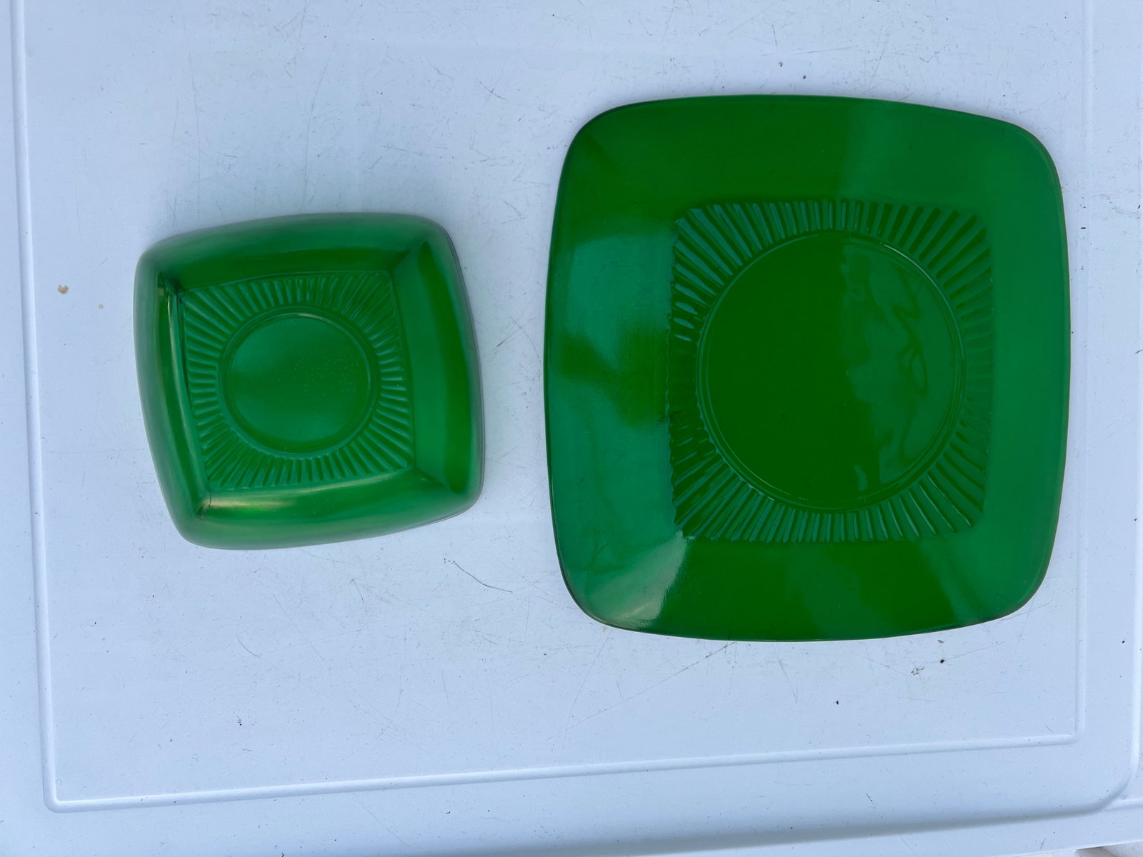Mid Century Vintage Forest Green Square Bowl & Plate Set of 2 - 6