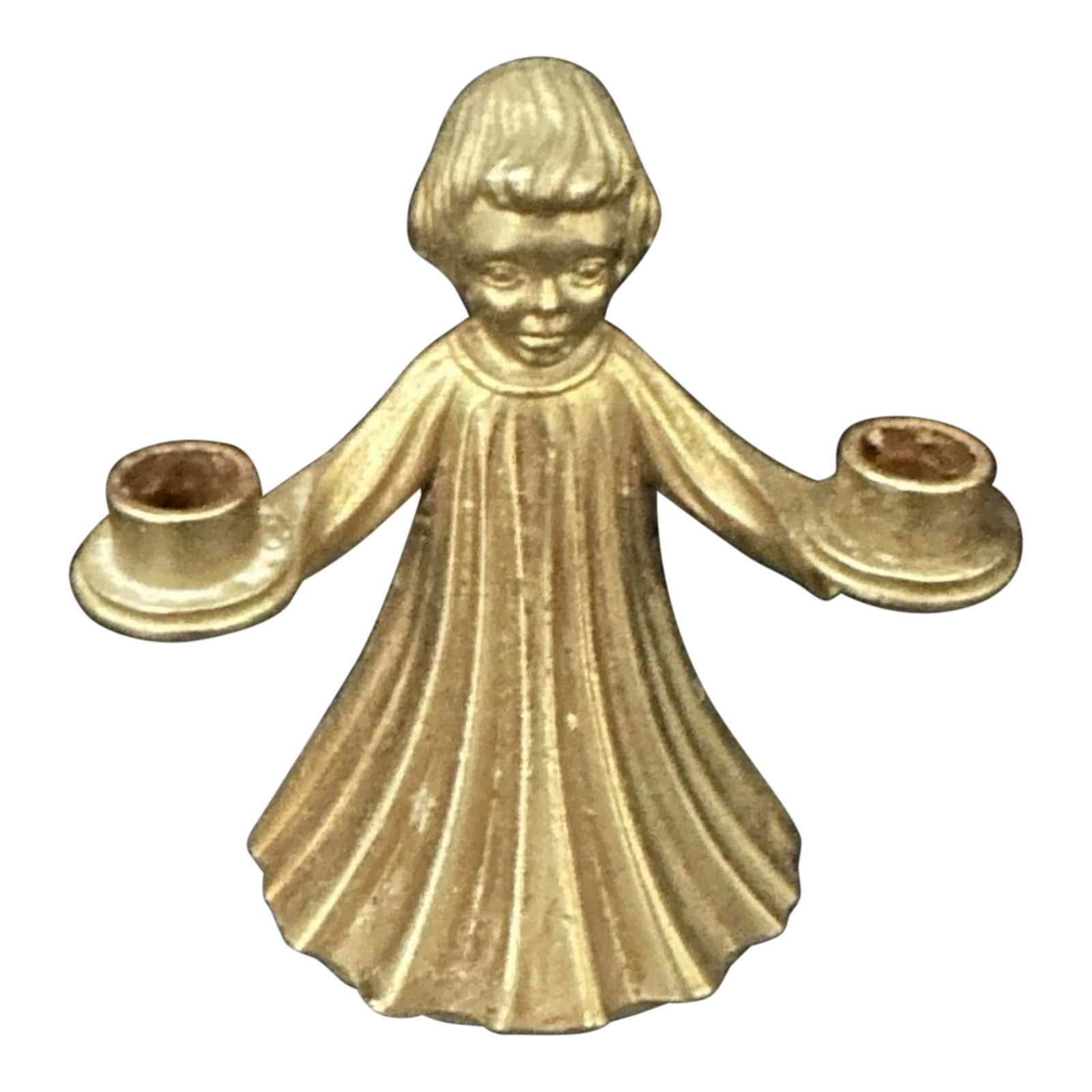Vintage Mid 20th Brass Gilded Dual Candle Holder Choir Boy Angel Christmas: This vintage Italian brass gilded dual candle holder features a choir boy (or angel) design, perfect for Christmas or any religious occasion. The small candle holder is made of brass/metal. This