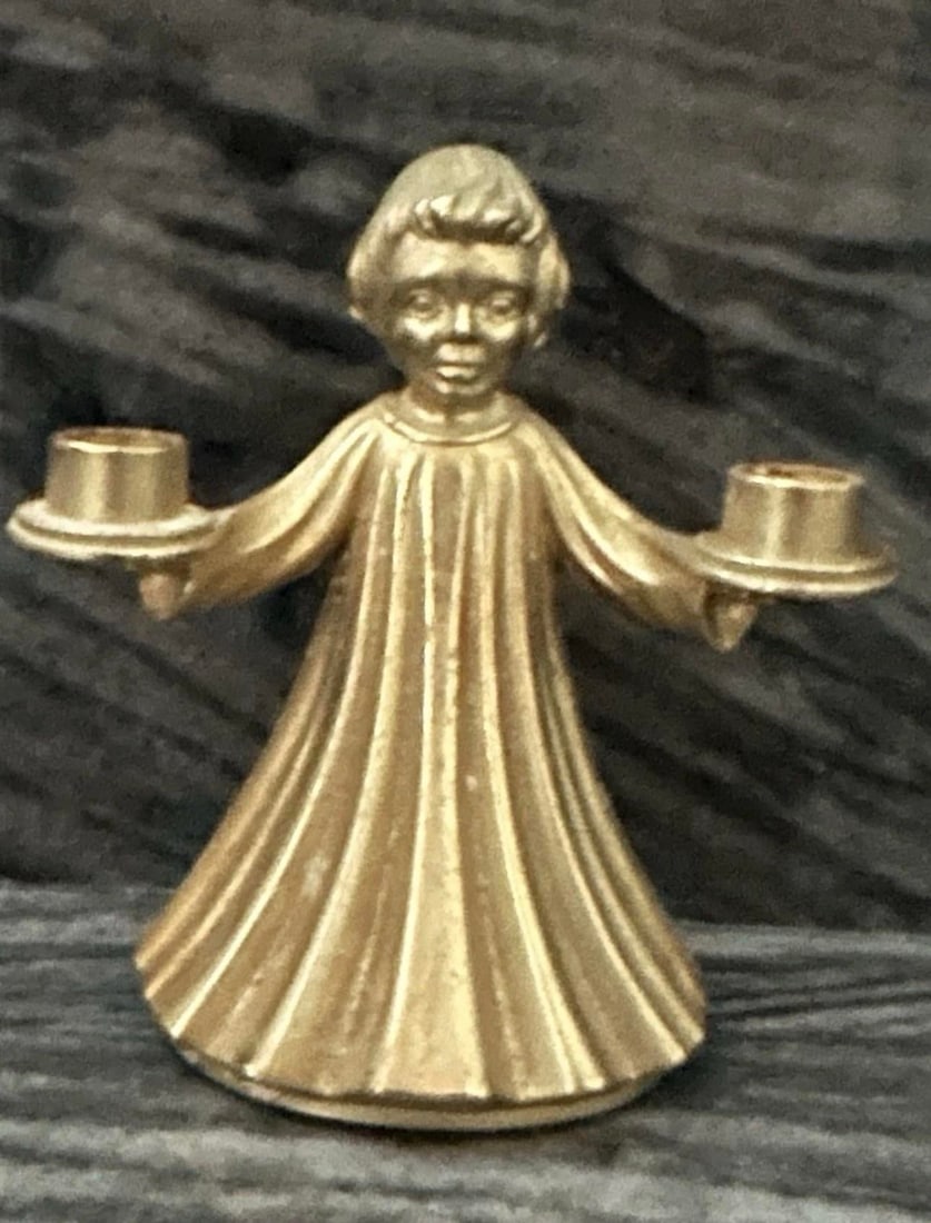 Vintage Mid 20th Brass Gilded Dual Candle Holder Choir Boy Angel Christmas - 2