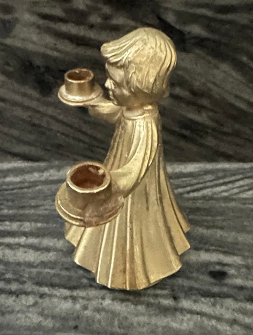 Vintage Mid 20th Brass Gilded Dual Candle Holder Choir Boy Angel Christmas - 3