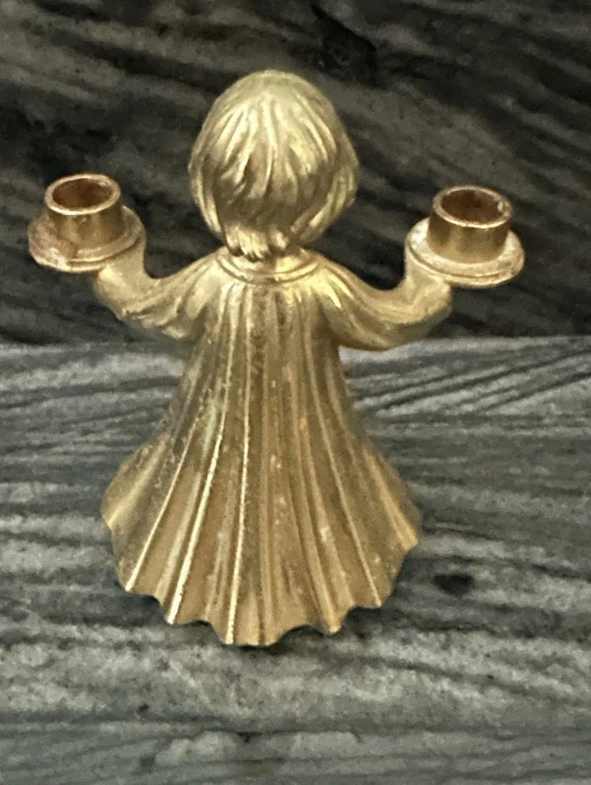 Vintage Mid 20th Brass Gilded Dual Candle Holder Choir Boy Angel Christmas - 4