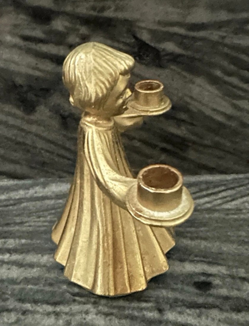 Vintage Mid 20th Brass Gilded Dual Candle Holder Choir Boy Angel Christmas - 5