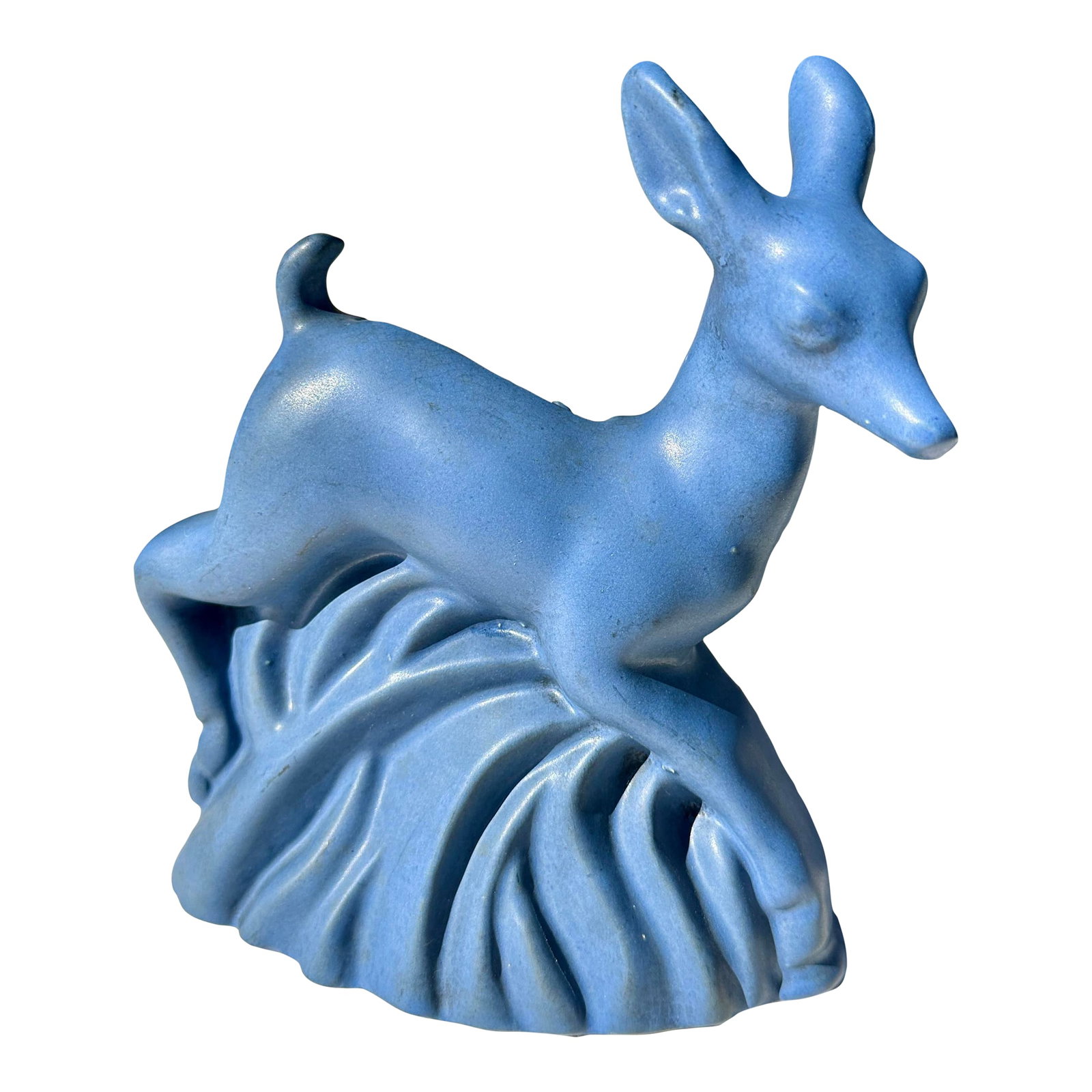 Antique Art Deco 1930s Niloak Pottery Ozark Blue Deer Planter Vase: --- Niloak Pottery Blue Deer Planter A sculptural ceramic planter by Niloak Pottery, featuring a stylized leaping deer in a soft matte blue glaze. The deer emerges from a flowing, organic base that