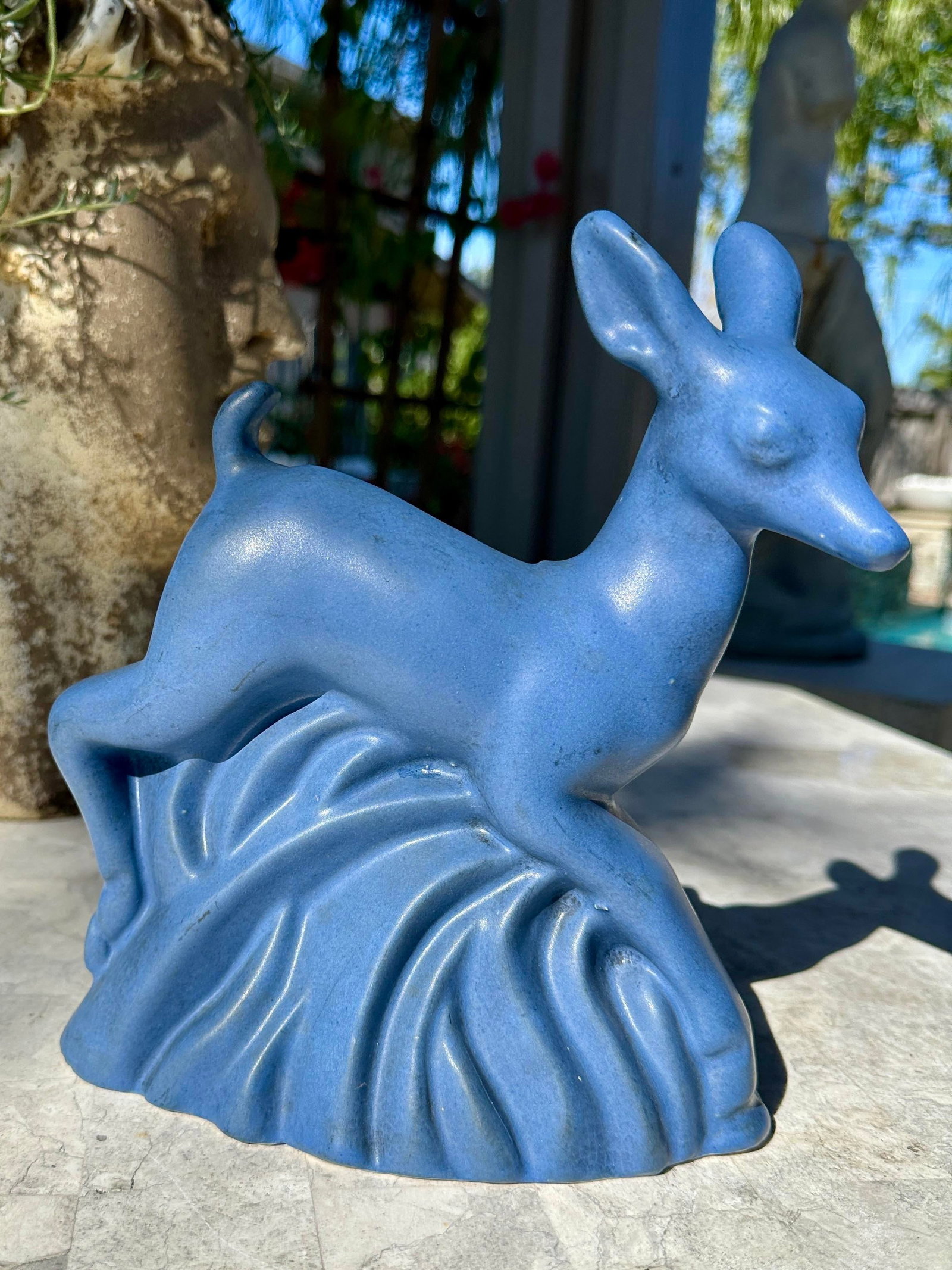 Antique Art Deco 1930s Niloak Pottery Ozark Blue Deer Planter Vase - 2