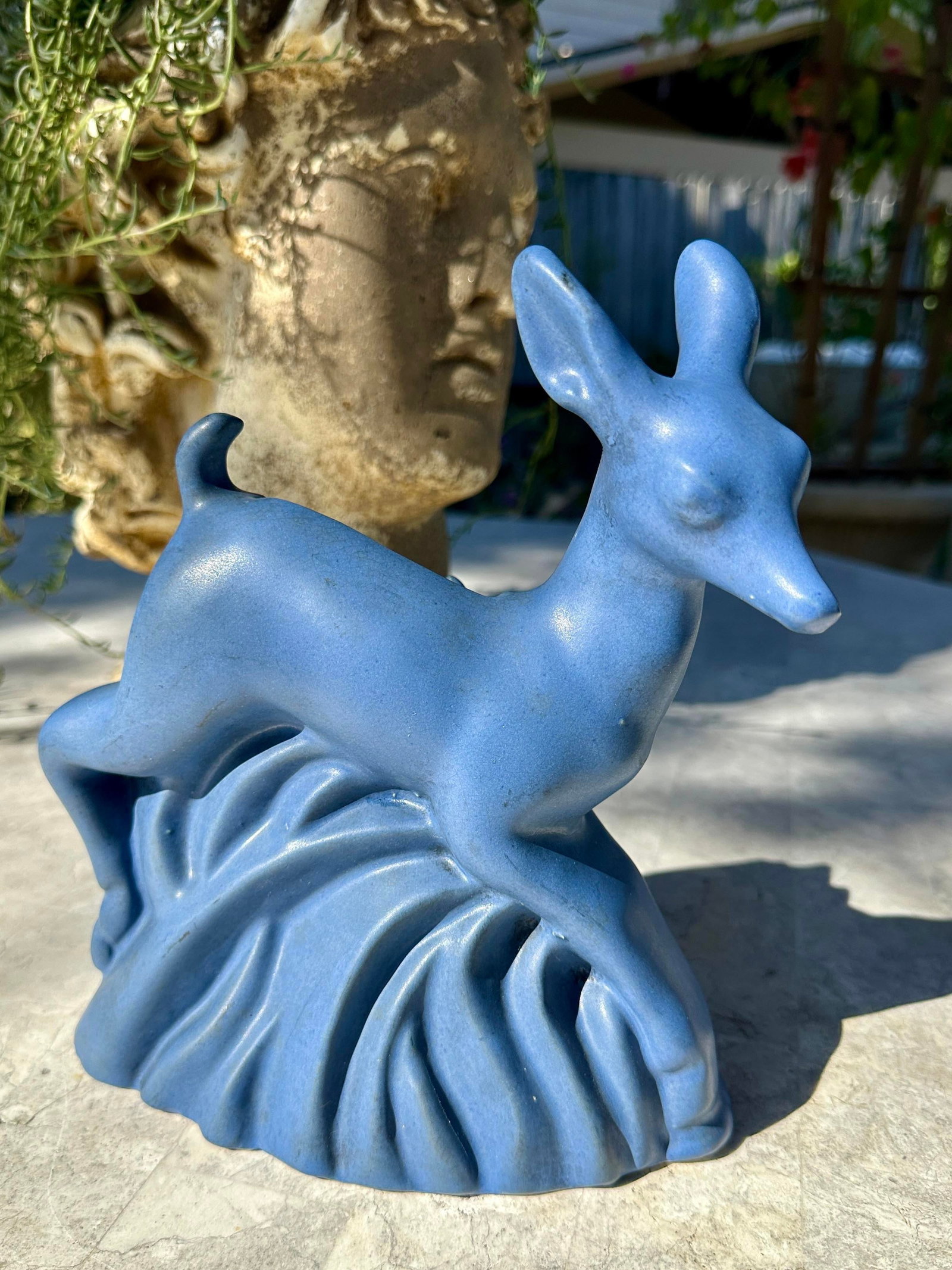 Antique Art Deco 1930s Niloak Pottery Ozark Blue Deer Planter Vase - 4