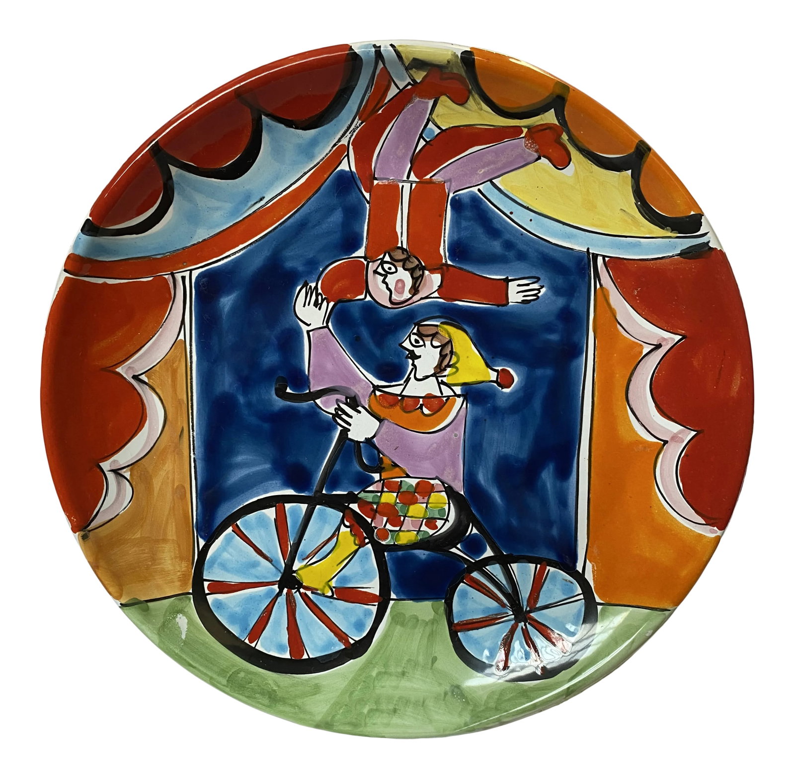 1990s La Musa "Carnevale" Acrobat Series Plate for Saks Fifth Avenue: Beautiful and colorful handmade La Musa "Carnevale" plate, depicting two circus acrobats. It was made for the Saks Fifth Avenue homewares department. Condition: Alterations: Original Condition Unalter
